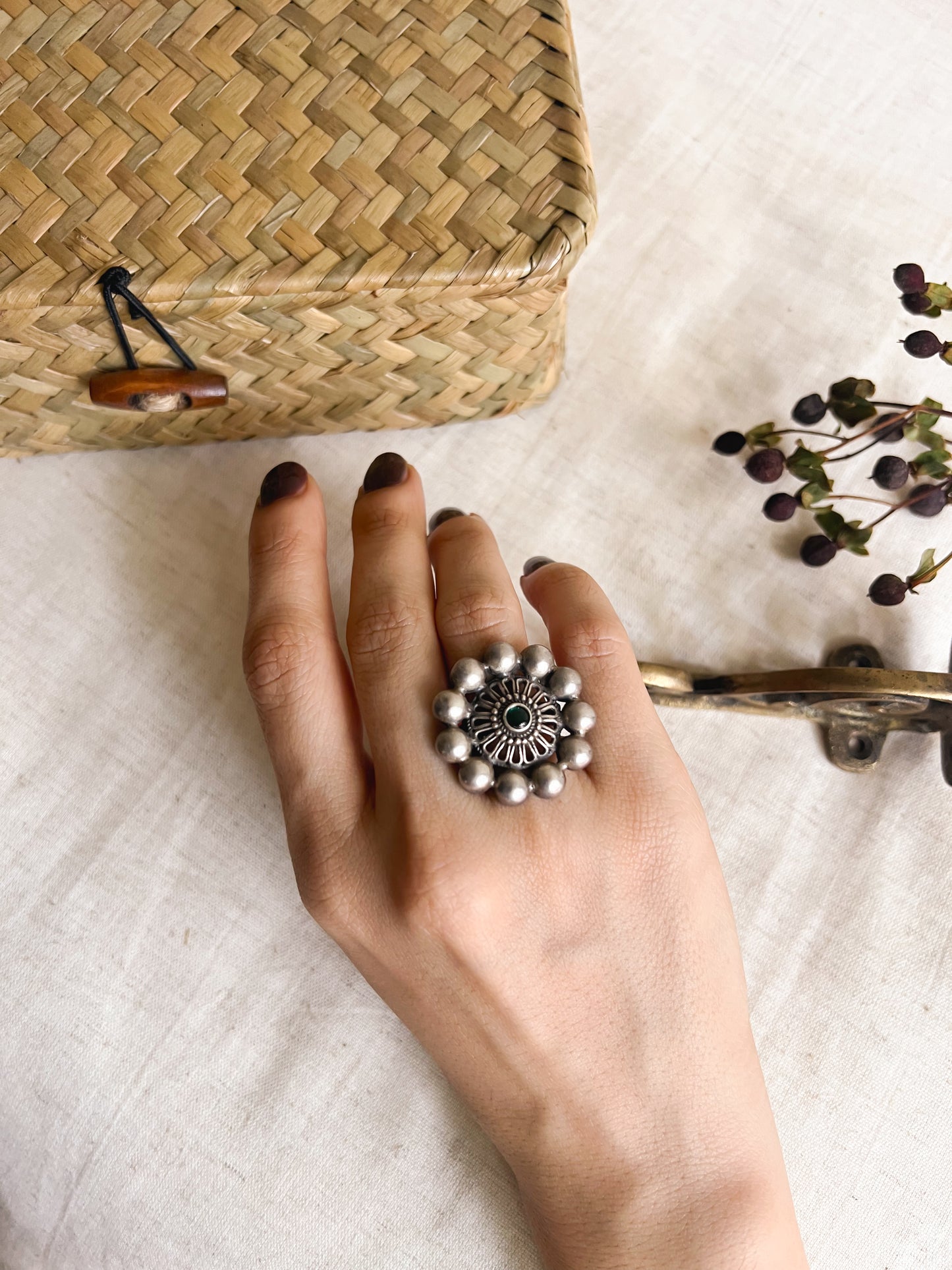 Sarvika oxidised silver adjustable ring with green onyx