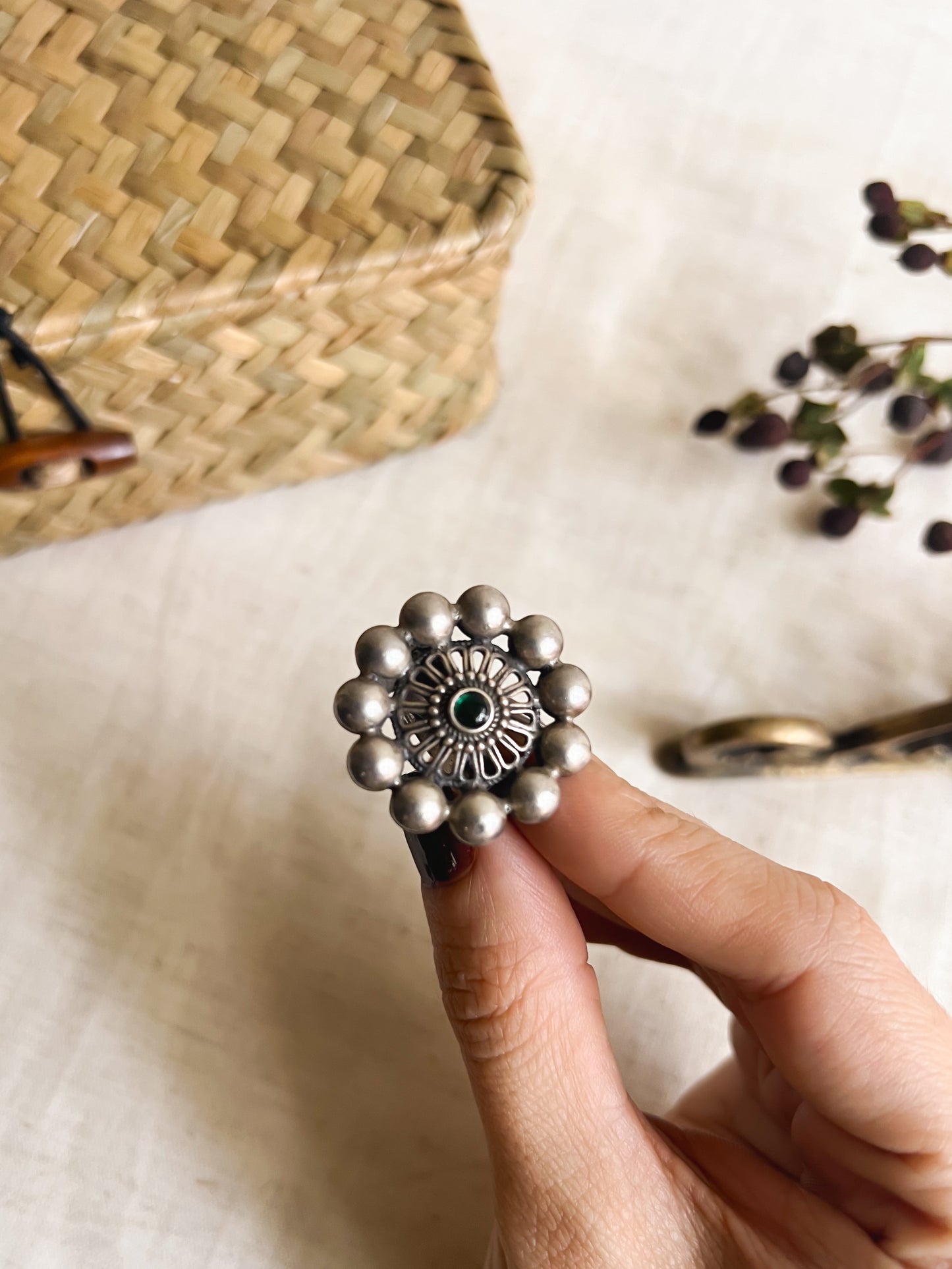 Sarvika oxidised silver adjustable ring with green onyx