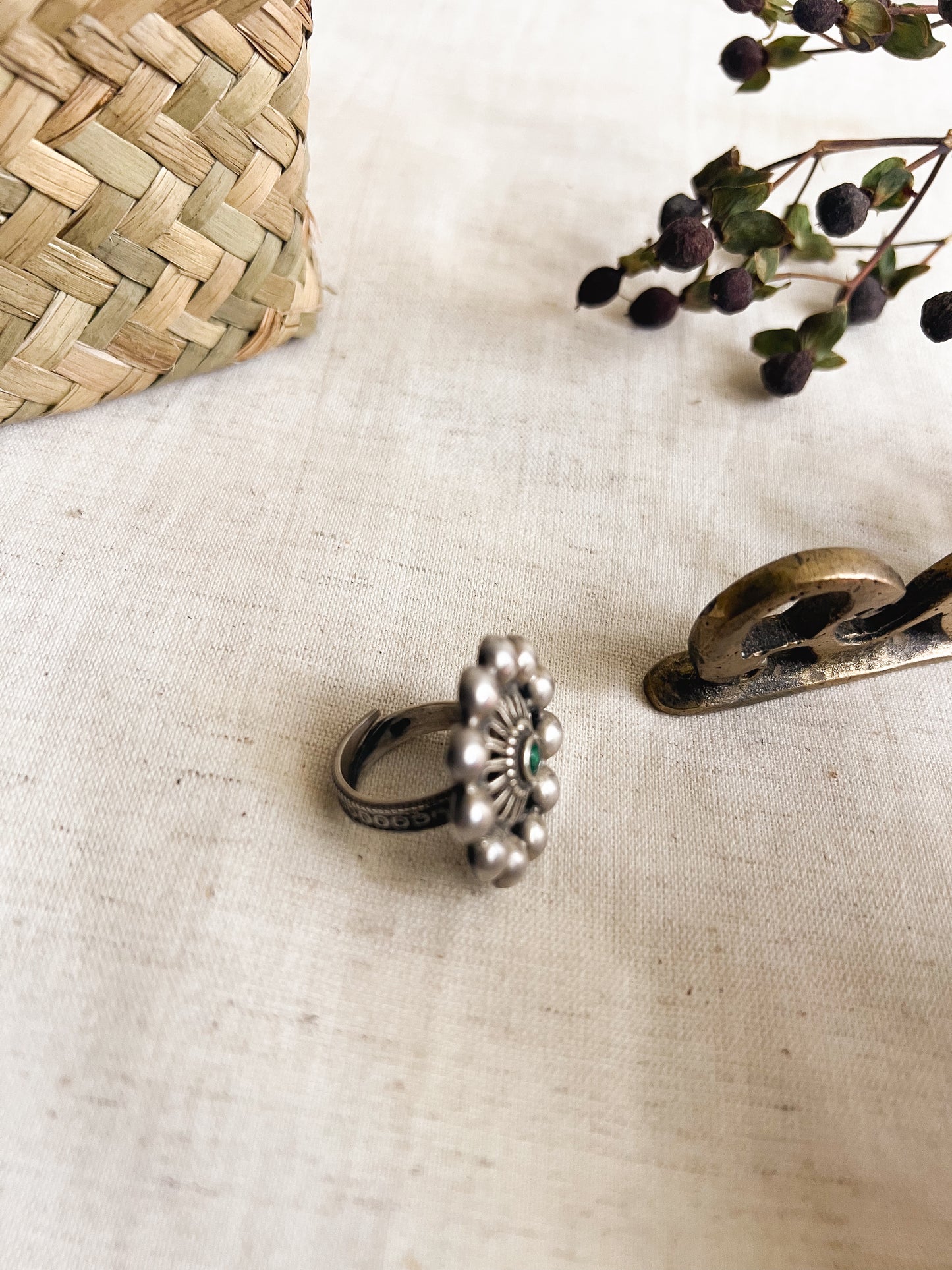 Sarvika oxidised silver adjustable ring with green onyx