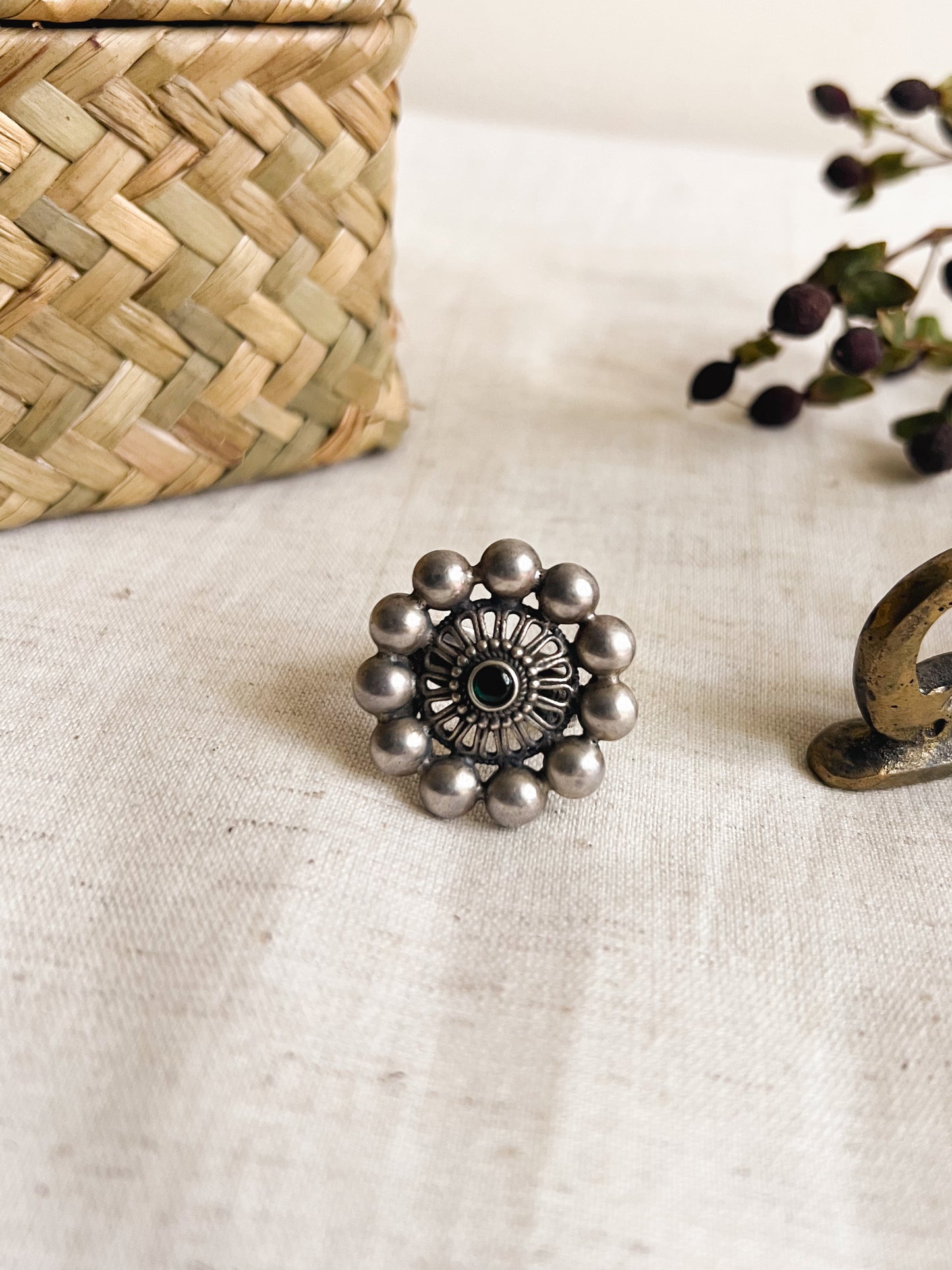 Sarvika oxidised silver adjustable ring with green onyx