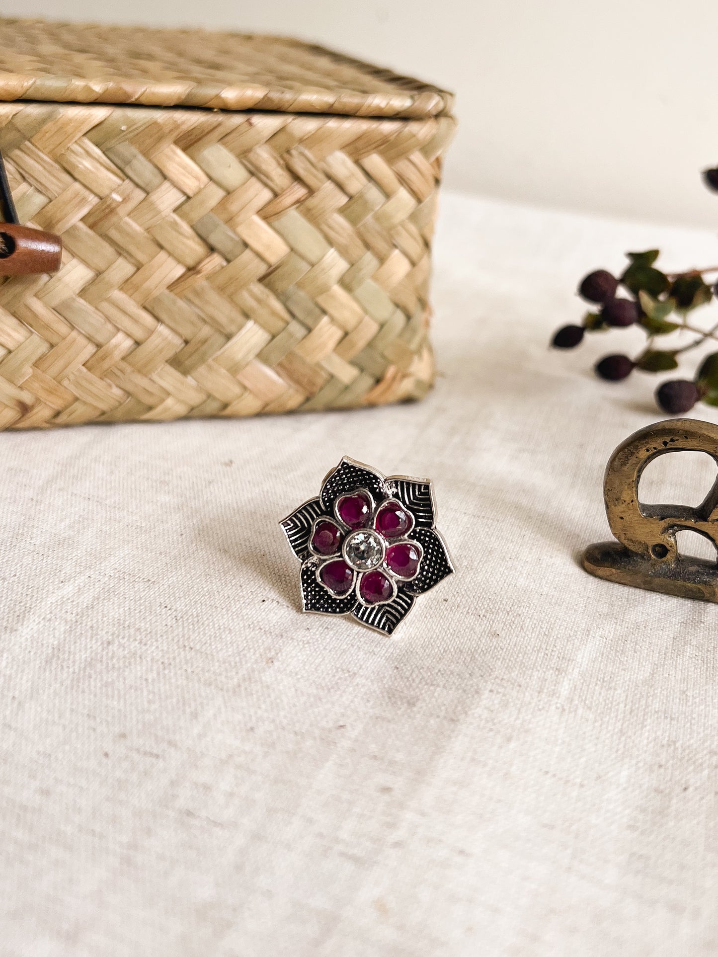 Sugandhi oxidised silver flower motif ring (adjustable)