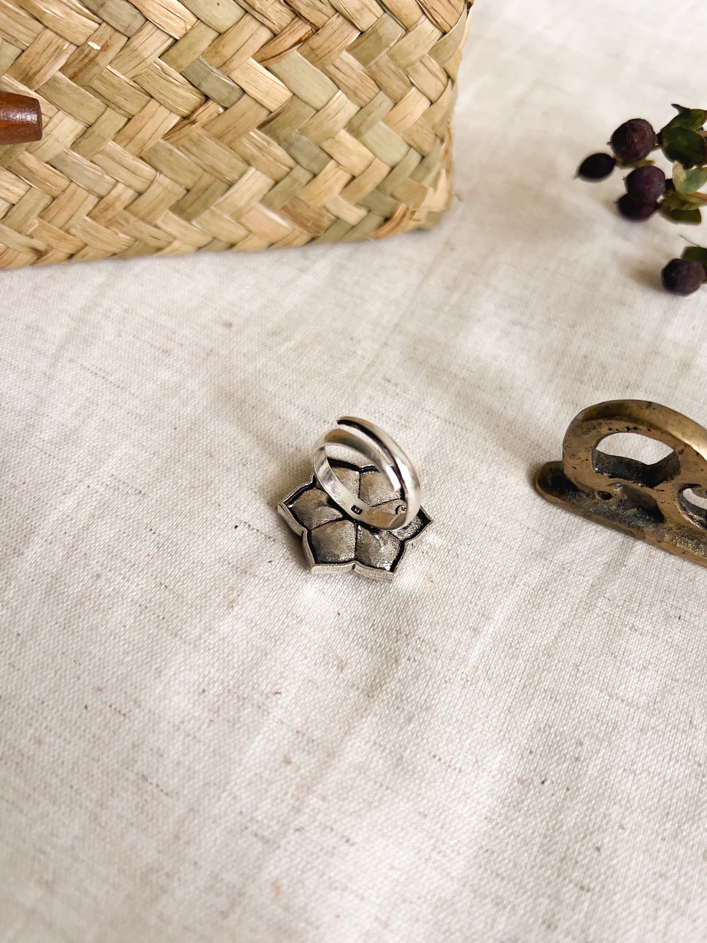 Sugandhi oxidised silver flower motif ring (adjustable)