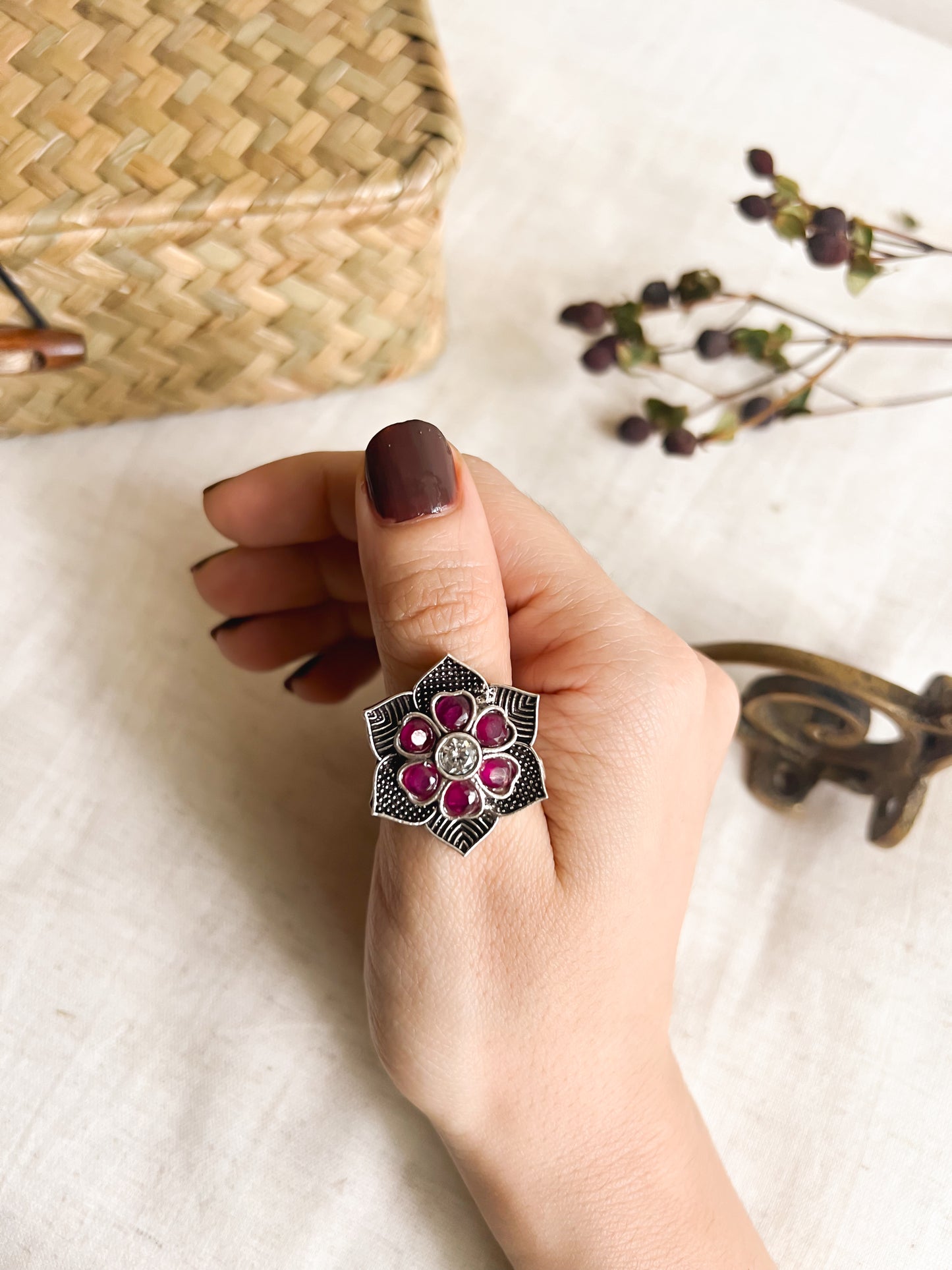 Sugandhi oxidised silver flower motif ring (adjustable)
