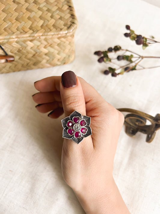 Sugandhi oxidised silver flower motif ring (adjustable)