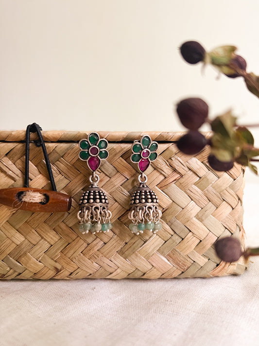 Kashi oxidised silver jhumka with colored glass stones