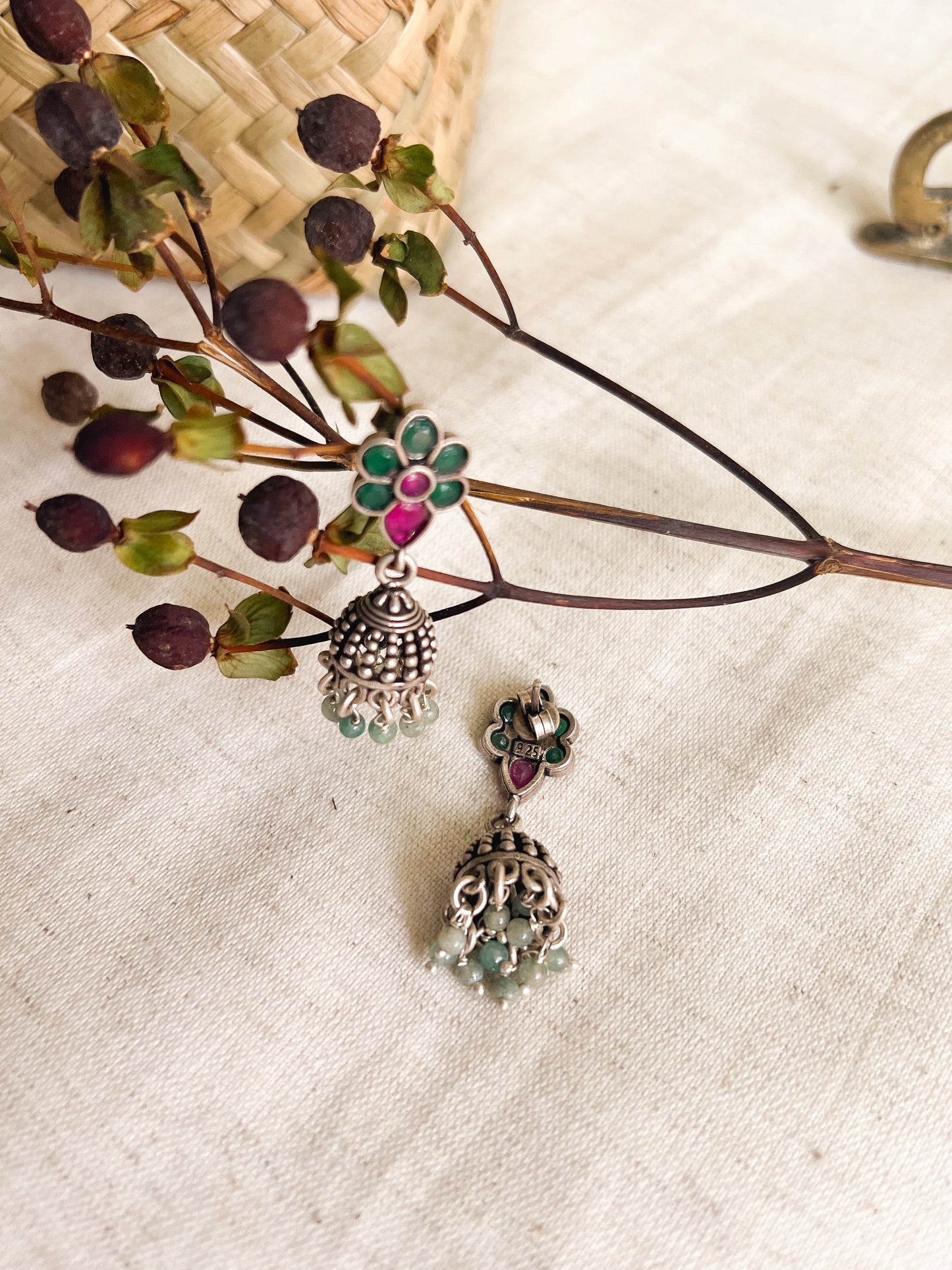 Kashi oxidised silver jhumka with colored glass stones