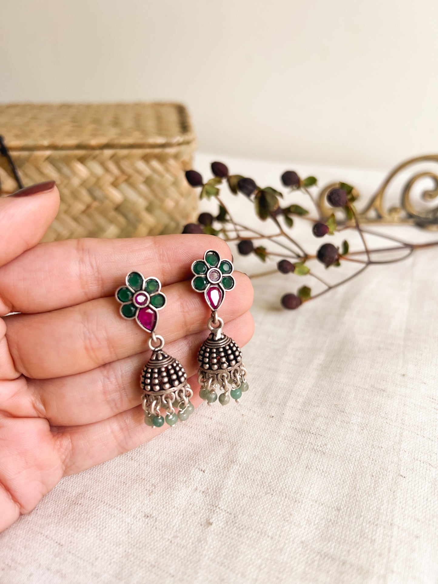 Kashi oxidised silver jhumka with colored glass stones