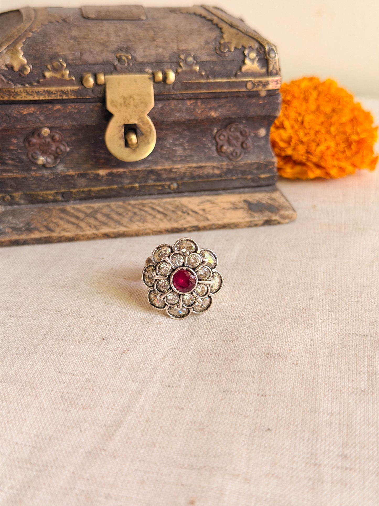 Udrita silver ring with adjustable band and kundan stones