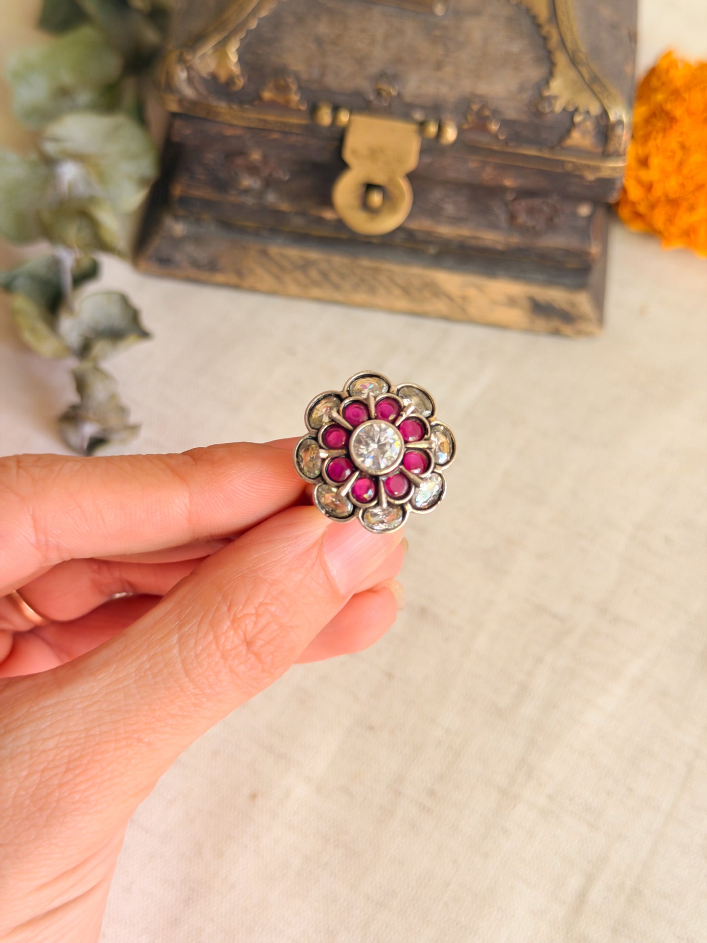 Udrita silver ring with adjustable band and kundan stones