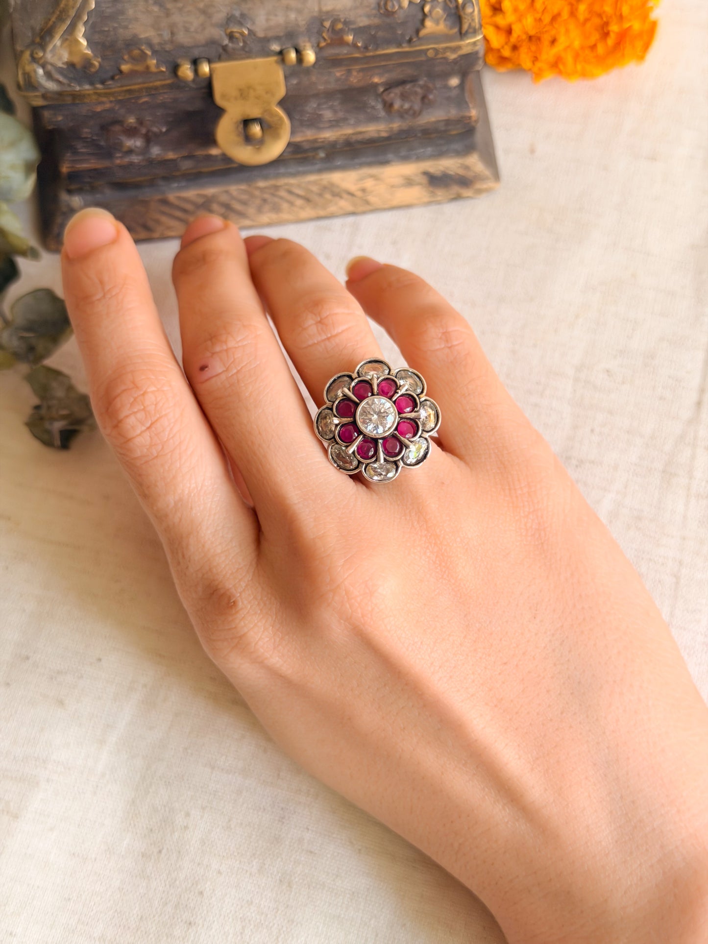 Udrita silver ring with adjustable band and kundan stones