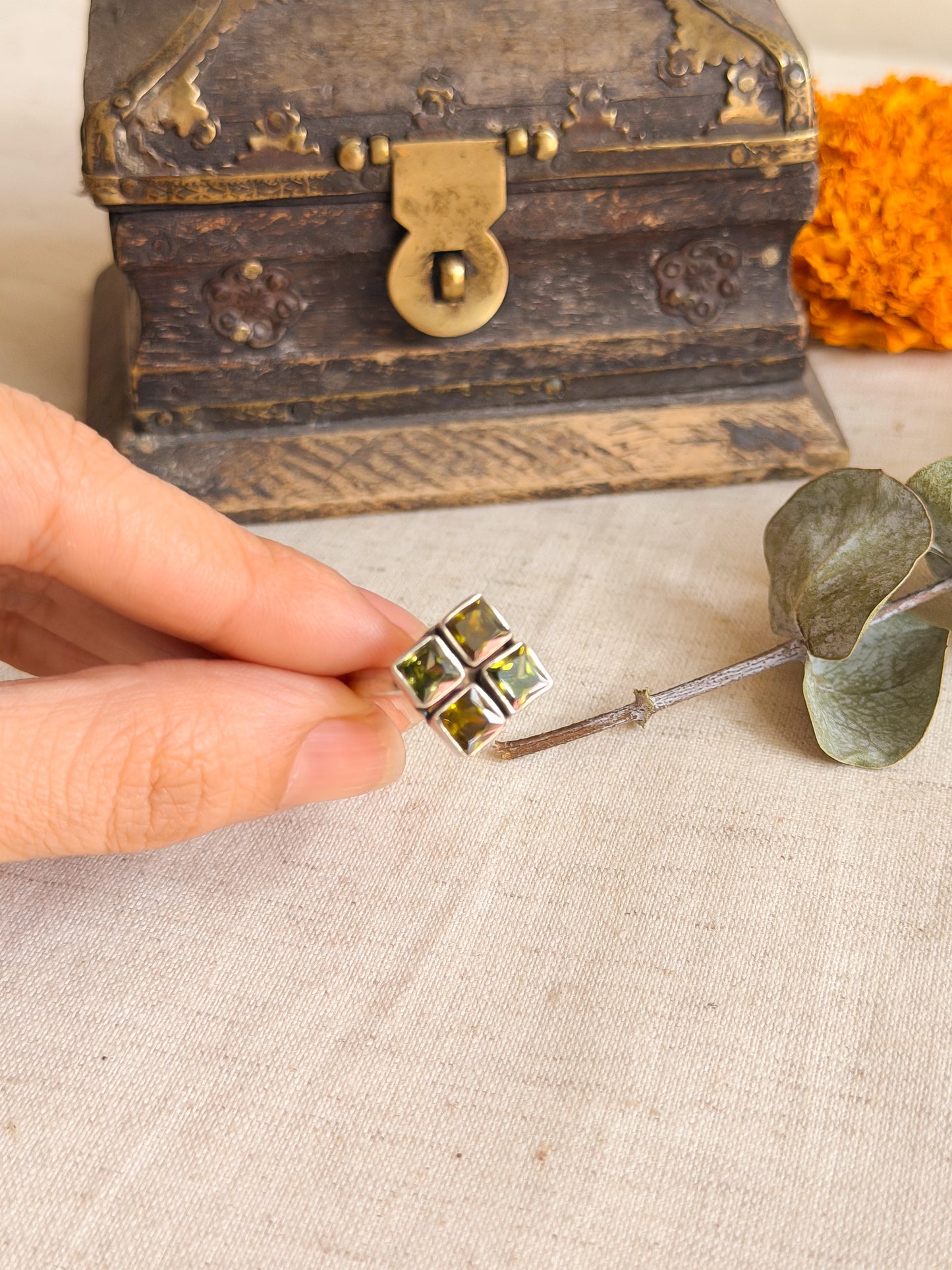 Sharanya ring with lime green peridot quad in silver ( adjustable)