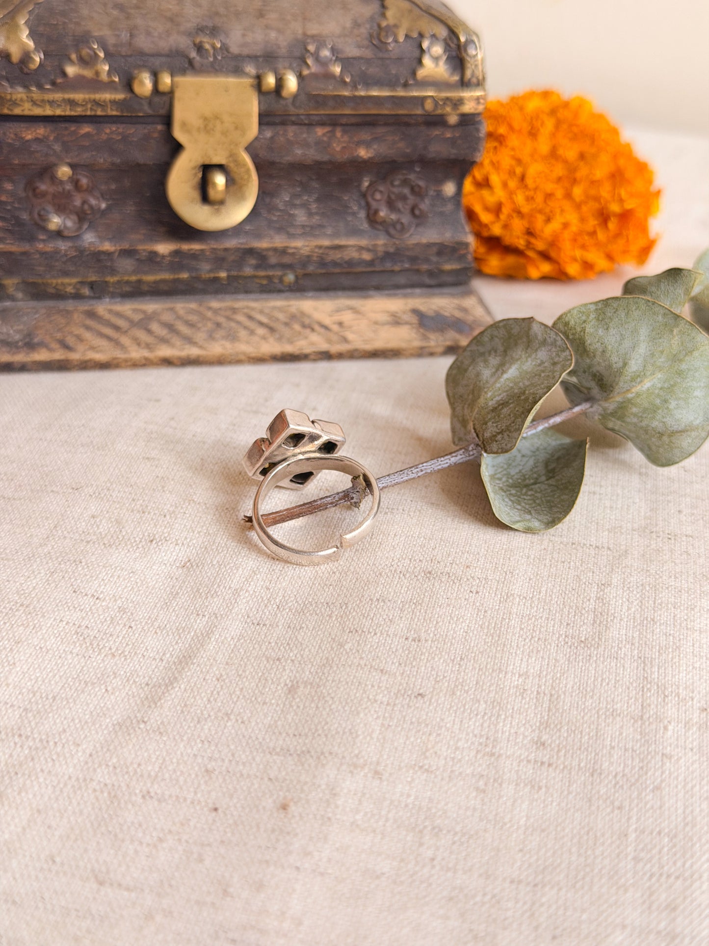 Sharanya ring with lime green peridot quad in silver ( adjustable)