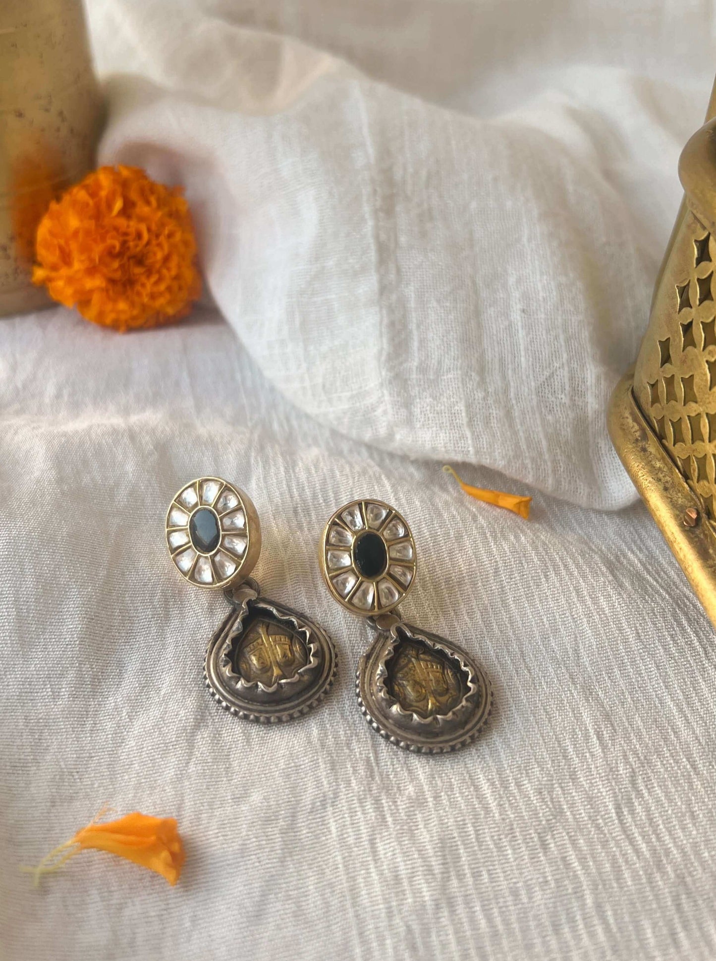 Ishwari silver drops in dual tone with kundan detail