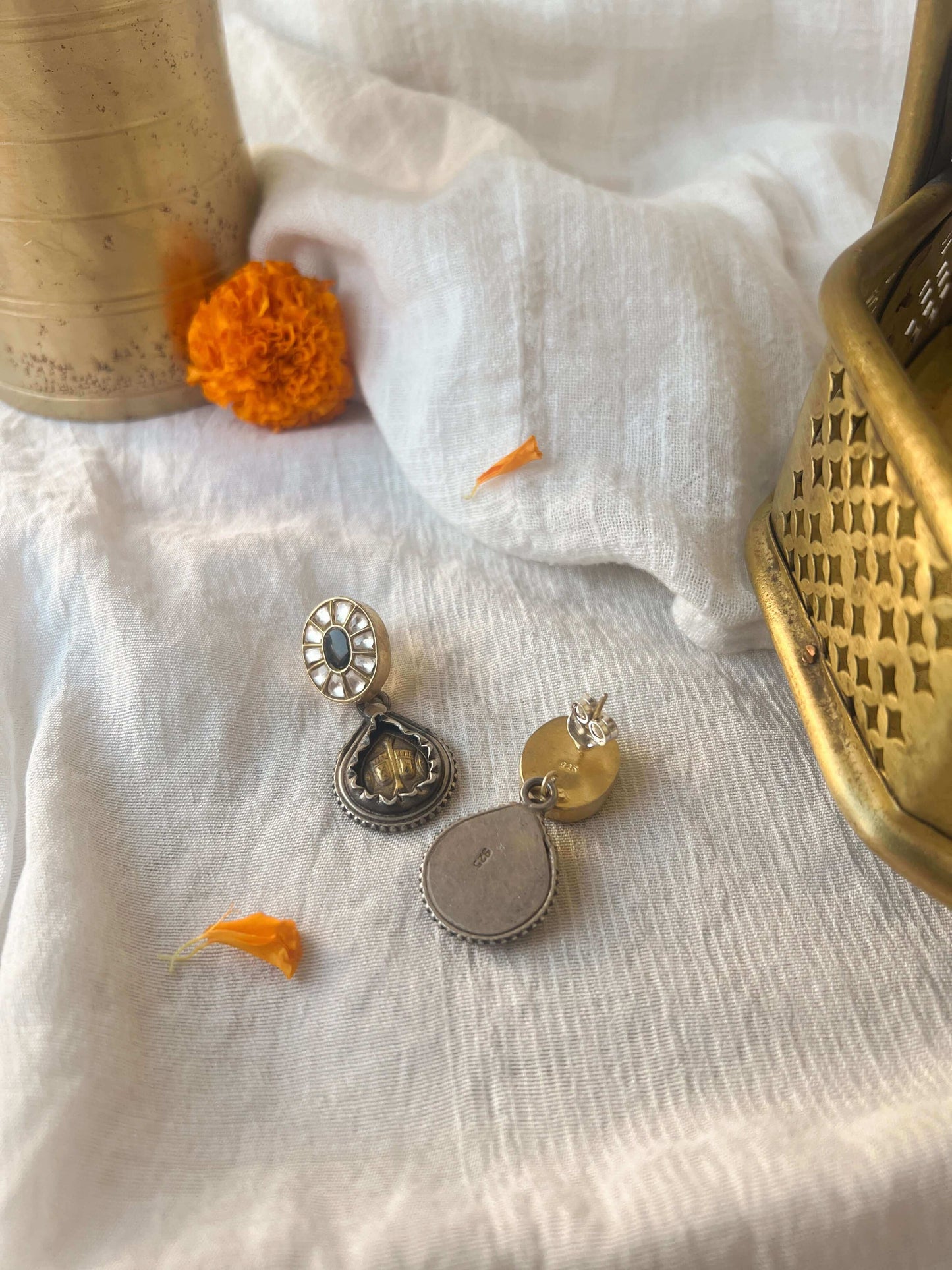 Ishwari silver drops in dual tone with kundan detail