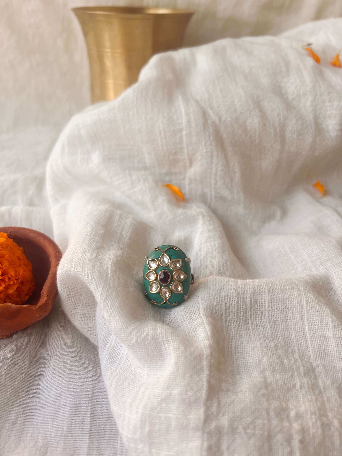 Firoza turquoise stone silver ring with kundan detail
