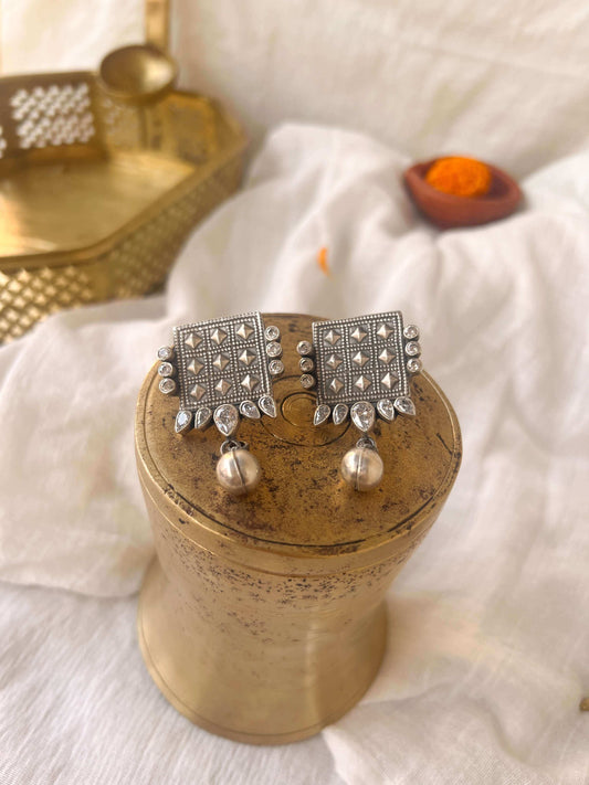 Chausar oxidised silver earring with zircons , silver bead