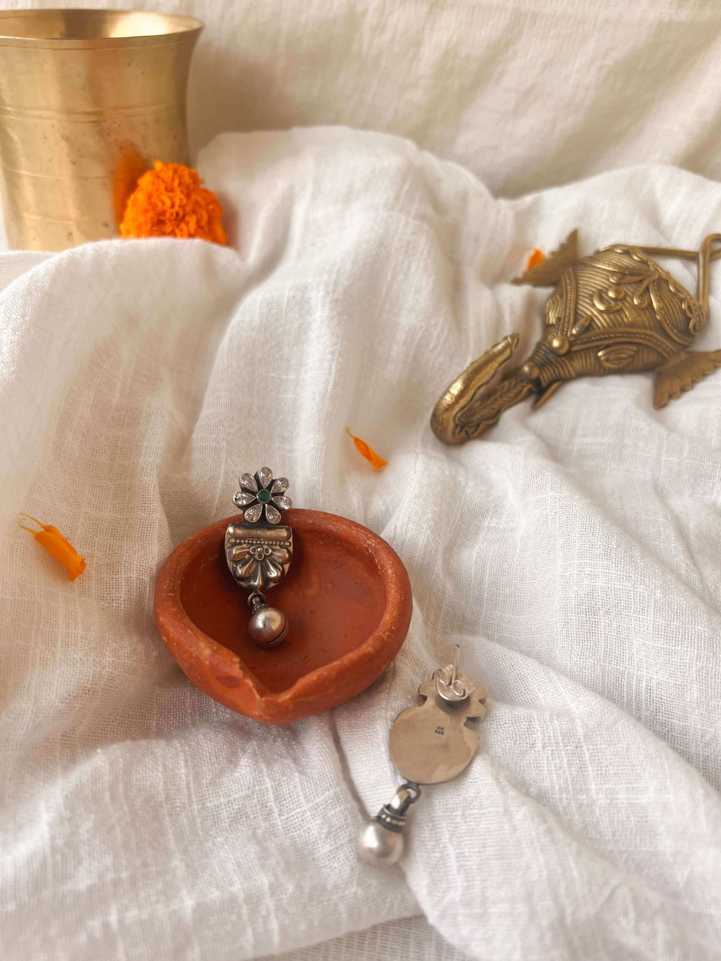 Nitara oxidised silver earrings with silver bead