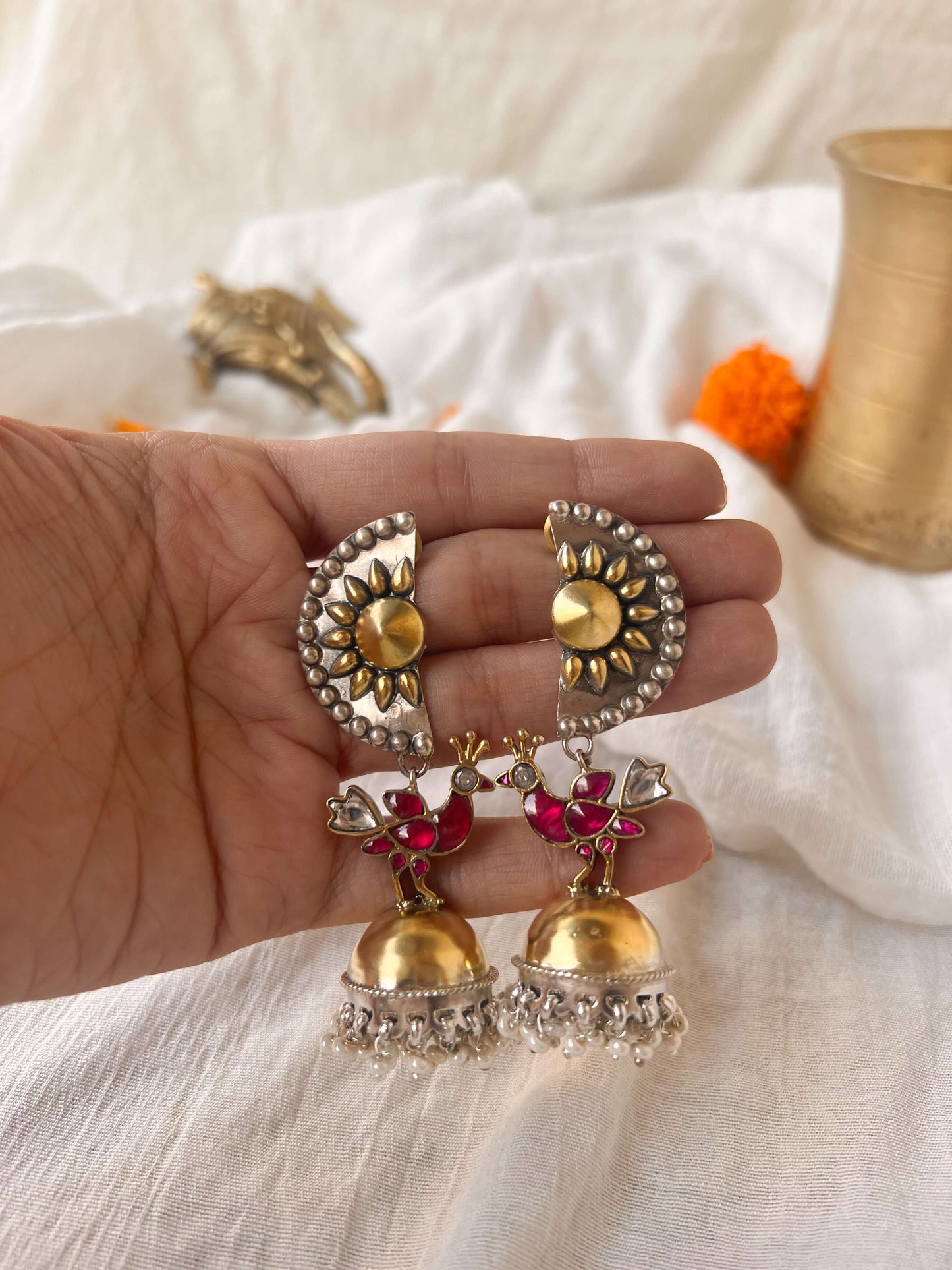 Maithili dual tone silver jhumka with ruby onyx and cluster pearls