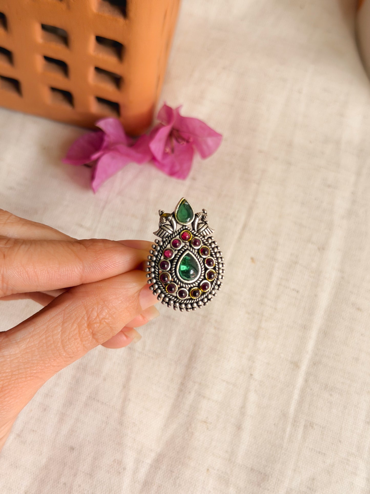 Kuja oxidised silver ring with green  and red onyx (adjustable)