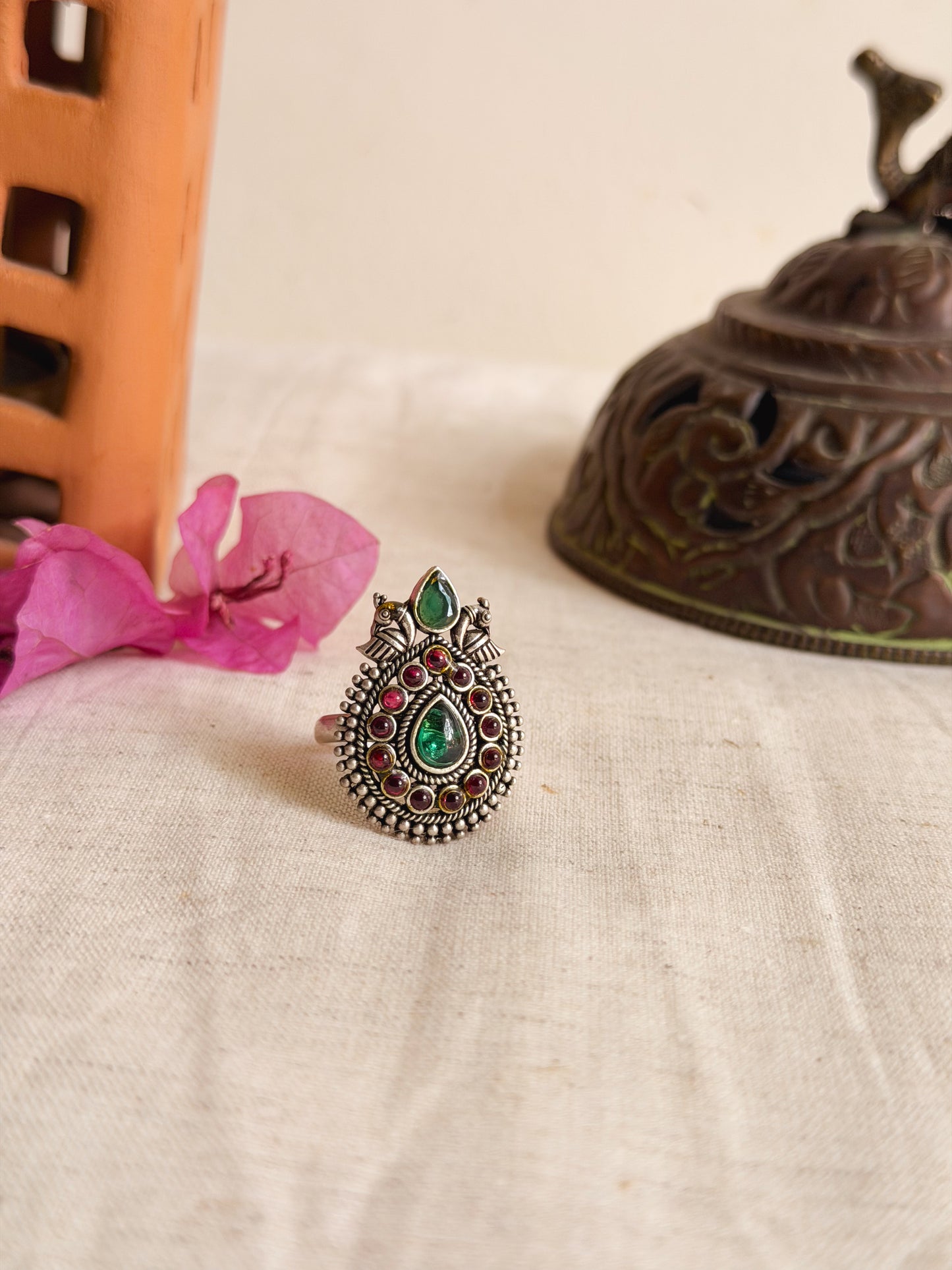 Kuja oxidised silver ring with green  and red onyx (adjustable)