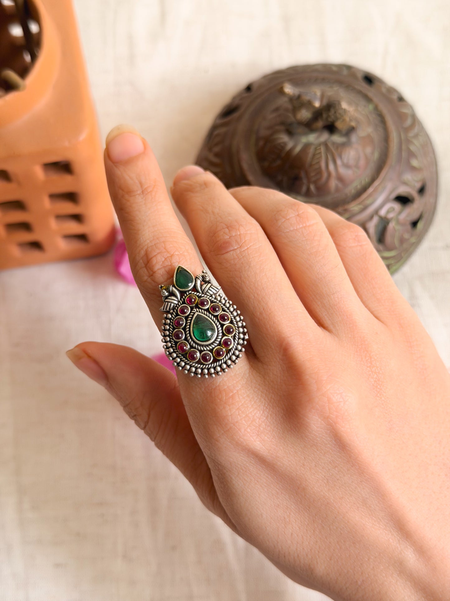 Kuja oxidised silver ring with green  and red onyx (adjustable)