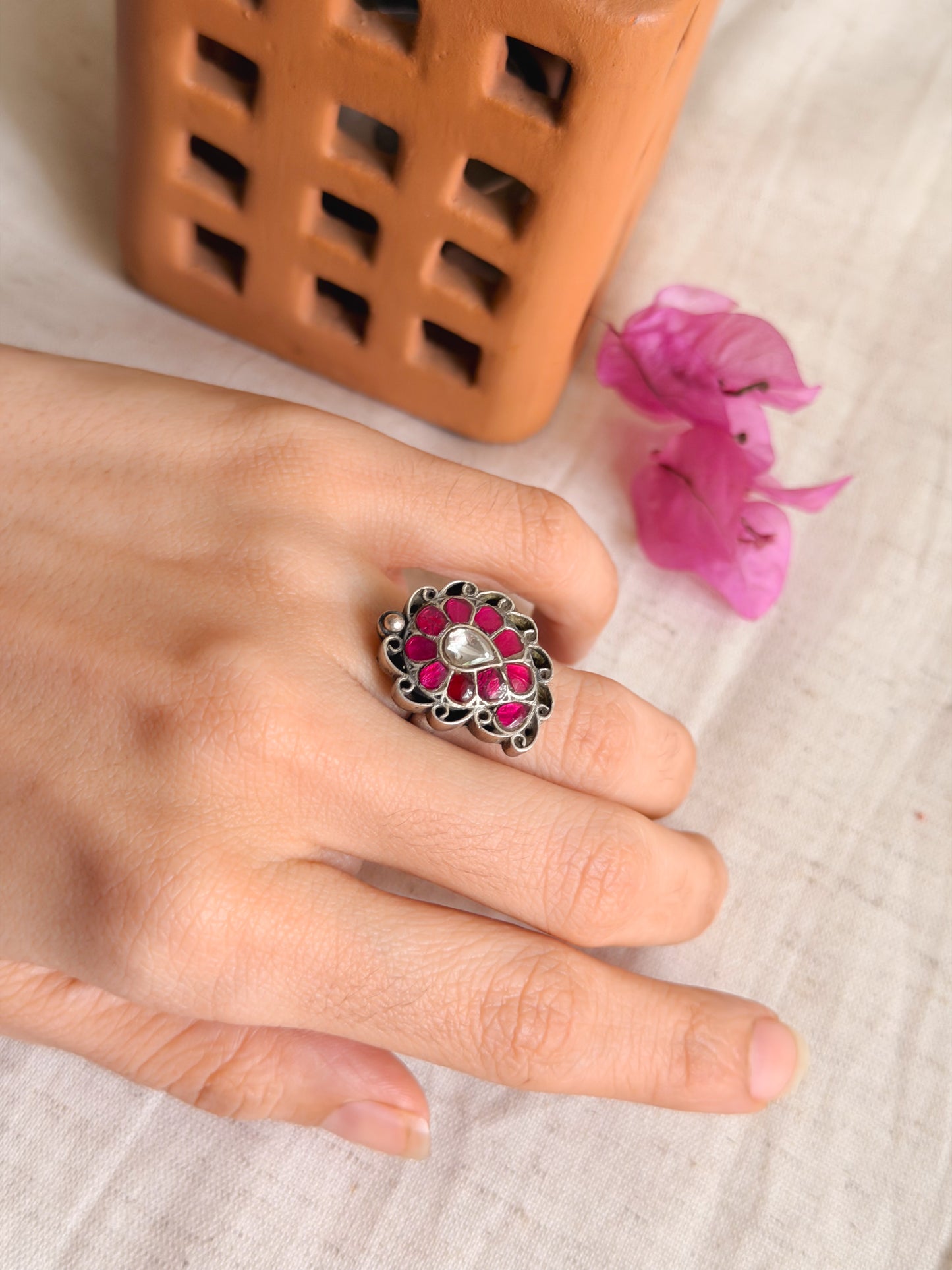 Ambi silver ring with kundan detail (adjustable)