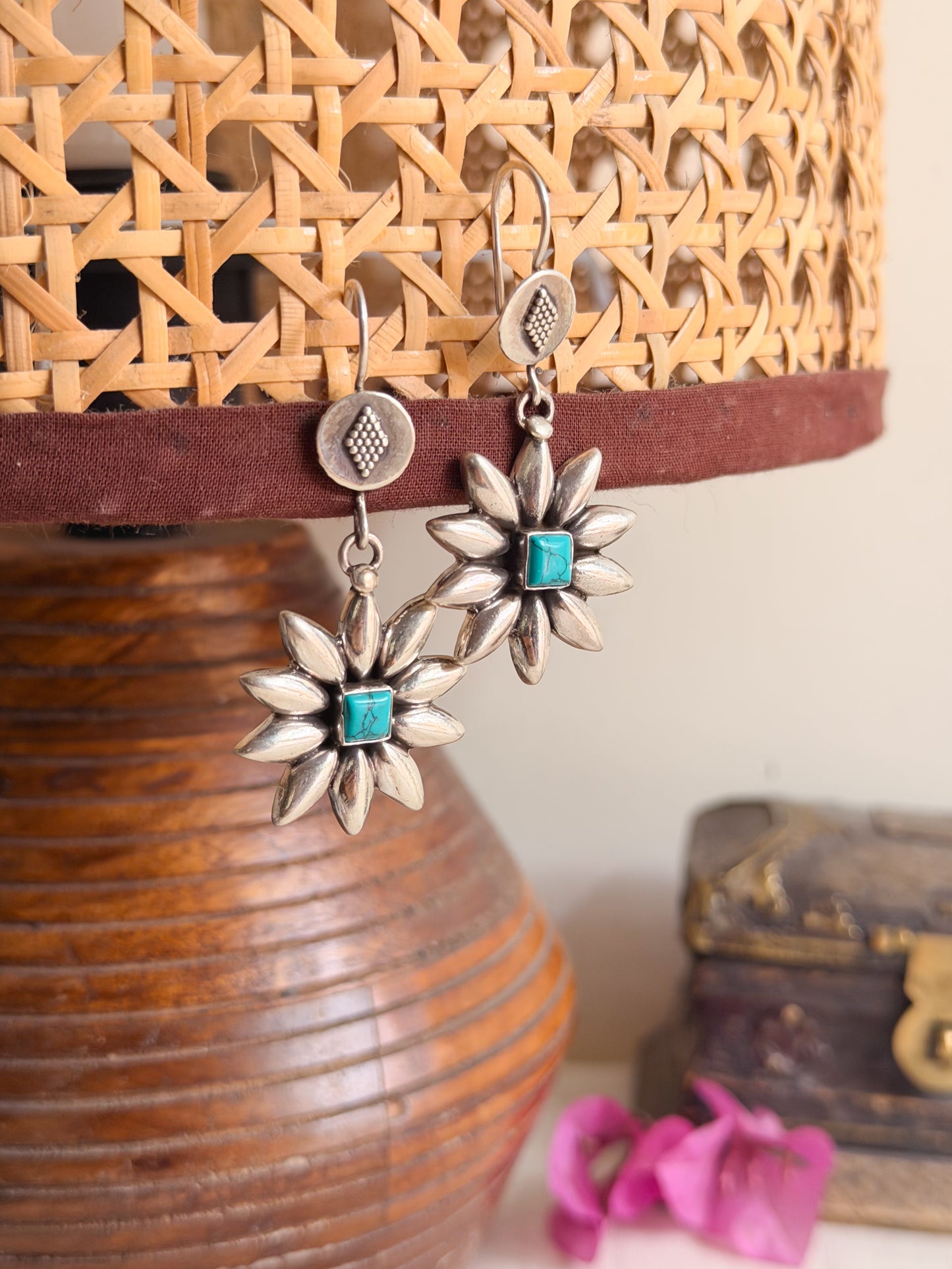 Surajmukhi silver fish hooks with turquoise stone