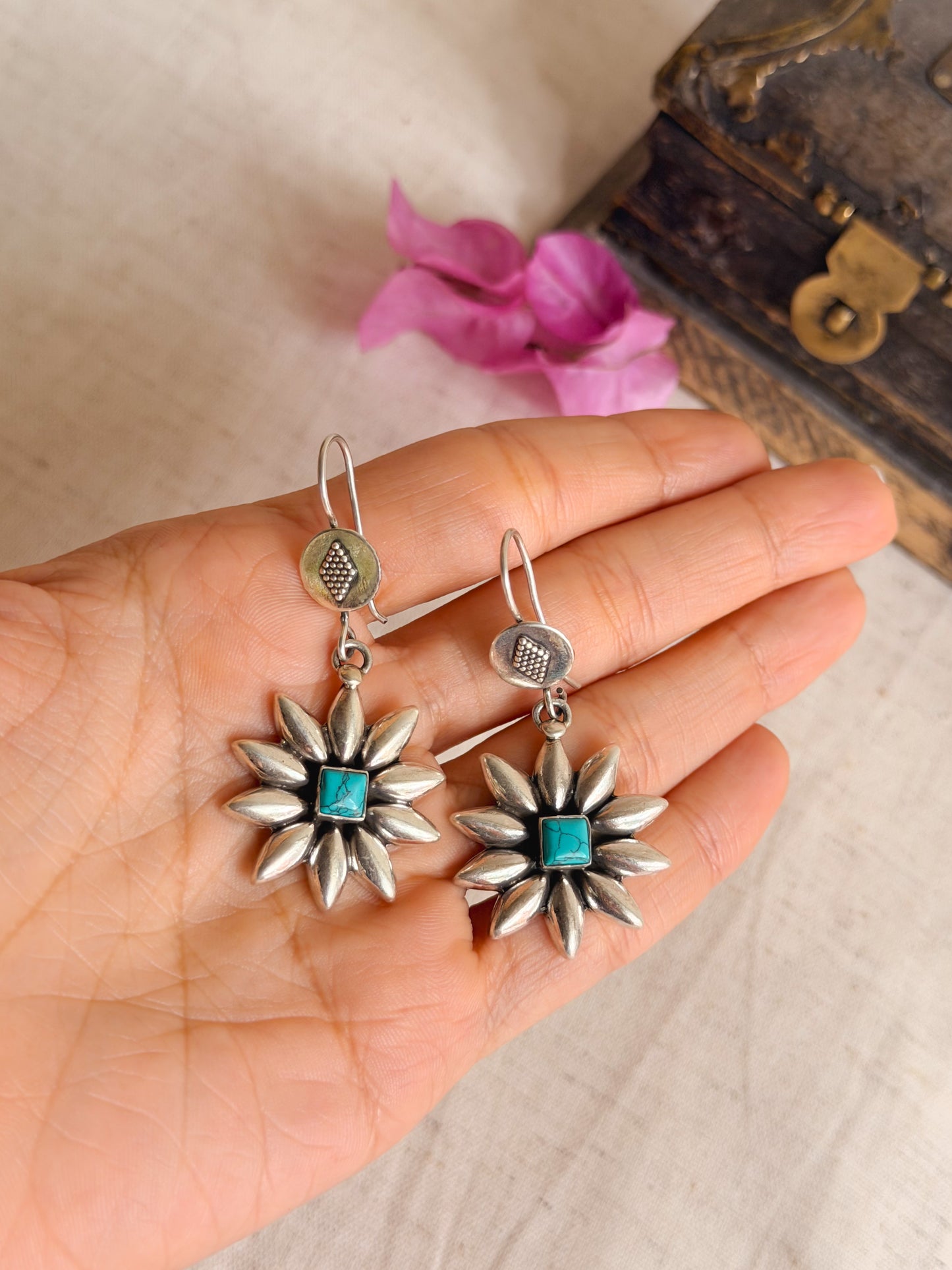 Surajmukhi silver fish hooks with turquoise stone