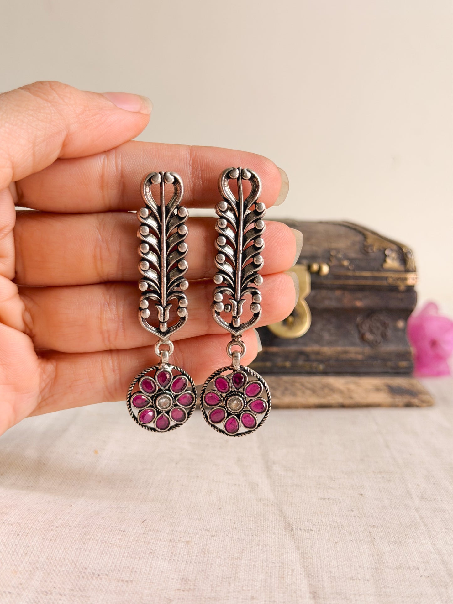 Gunjan oxidised silver earrings with ruby kundan drop