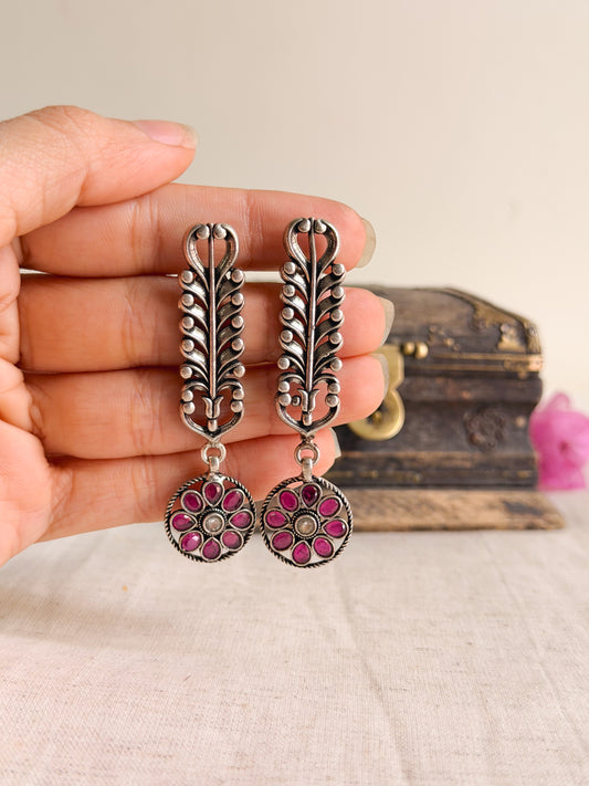 Gunjan oxidised silver earrings with ruby kundan drop