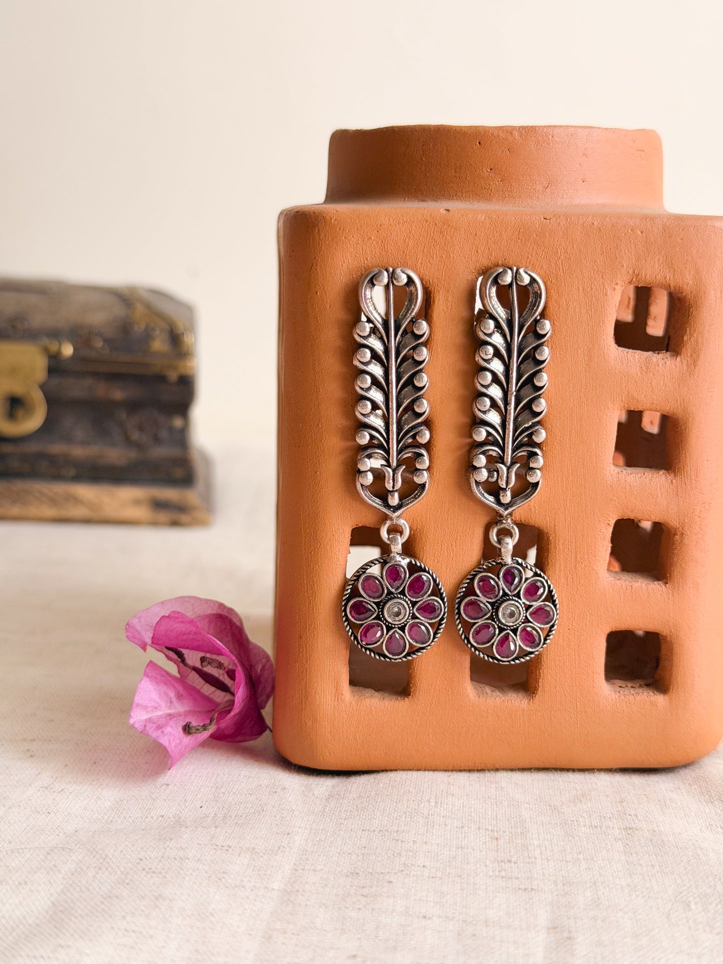 Gunjan oxidised silver earrings with ruby kundan drop