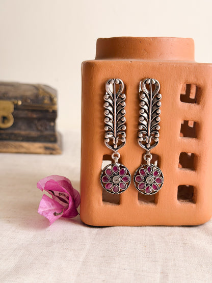 Gunjan oxidised silver earrings with ruby kundan drop