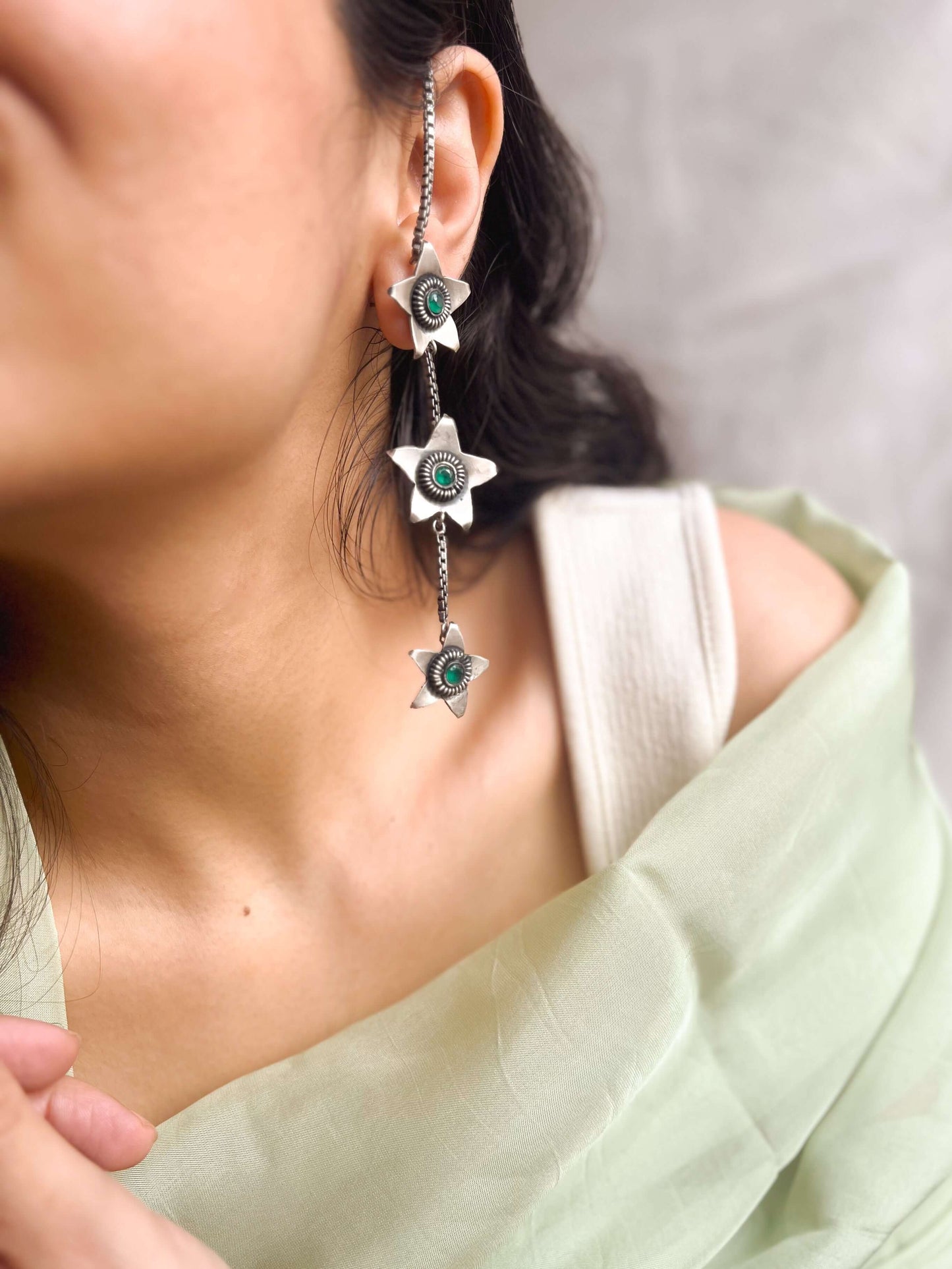 Taara oxidised silver shoulder duster with earchain