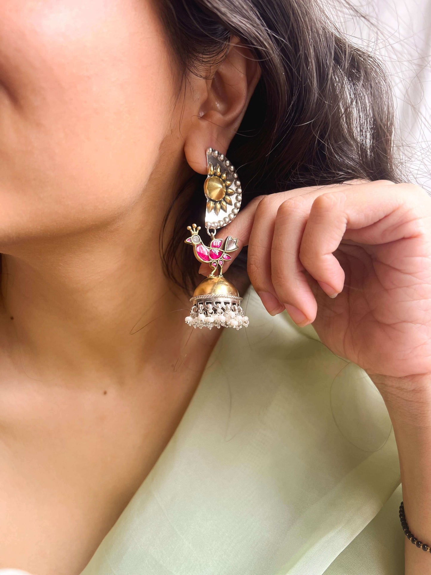 Maithili dual tone silver jhumka with ruby onyx and cluster pearls