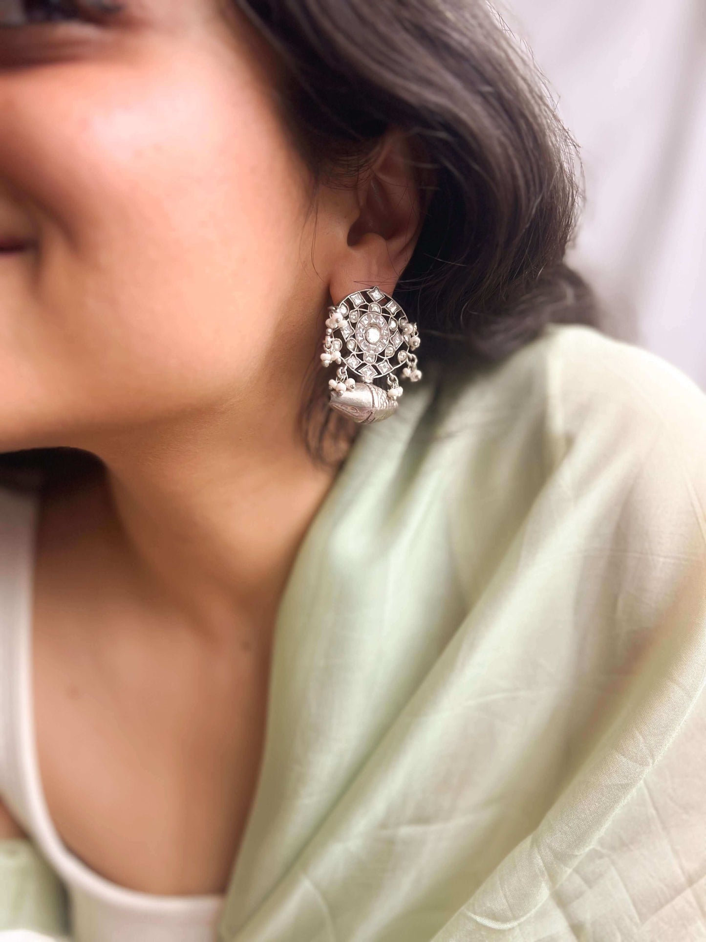 Tabeez silver kundan studs with beads detail