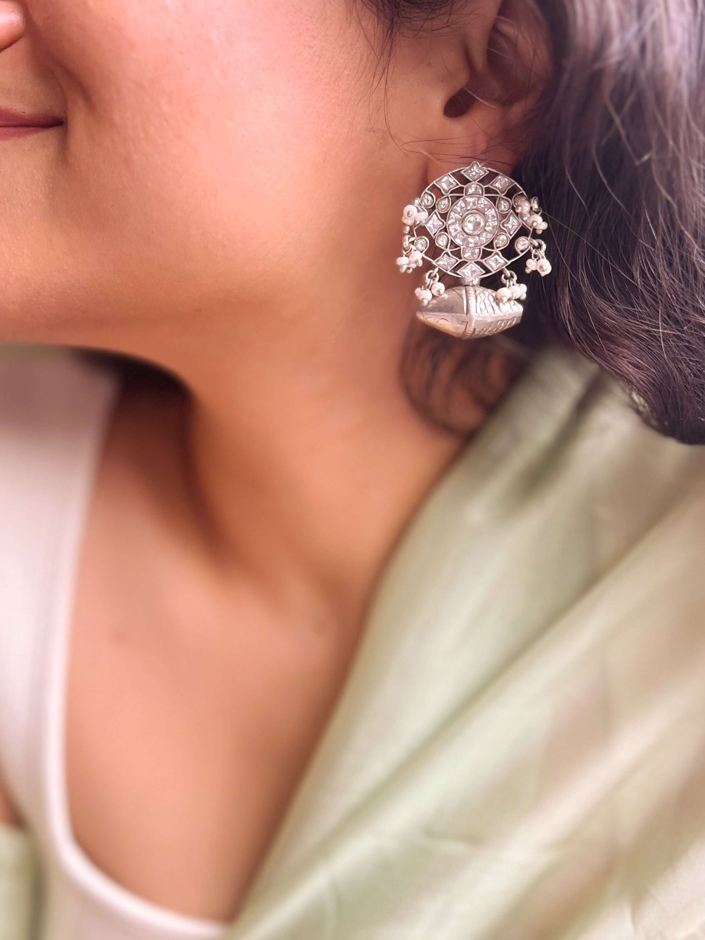 Tabeez silver kundan studs with beads detail