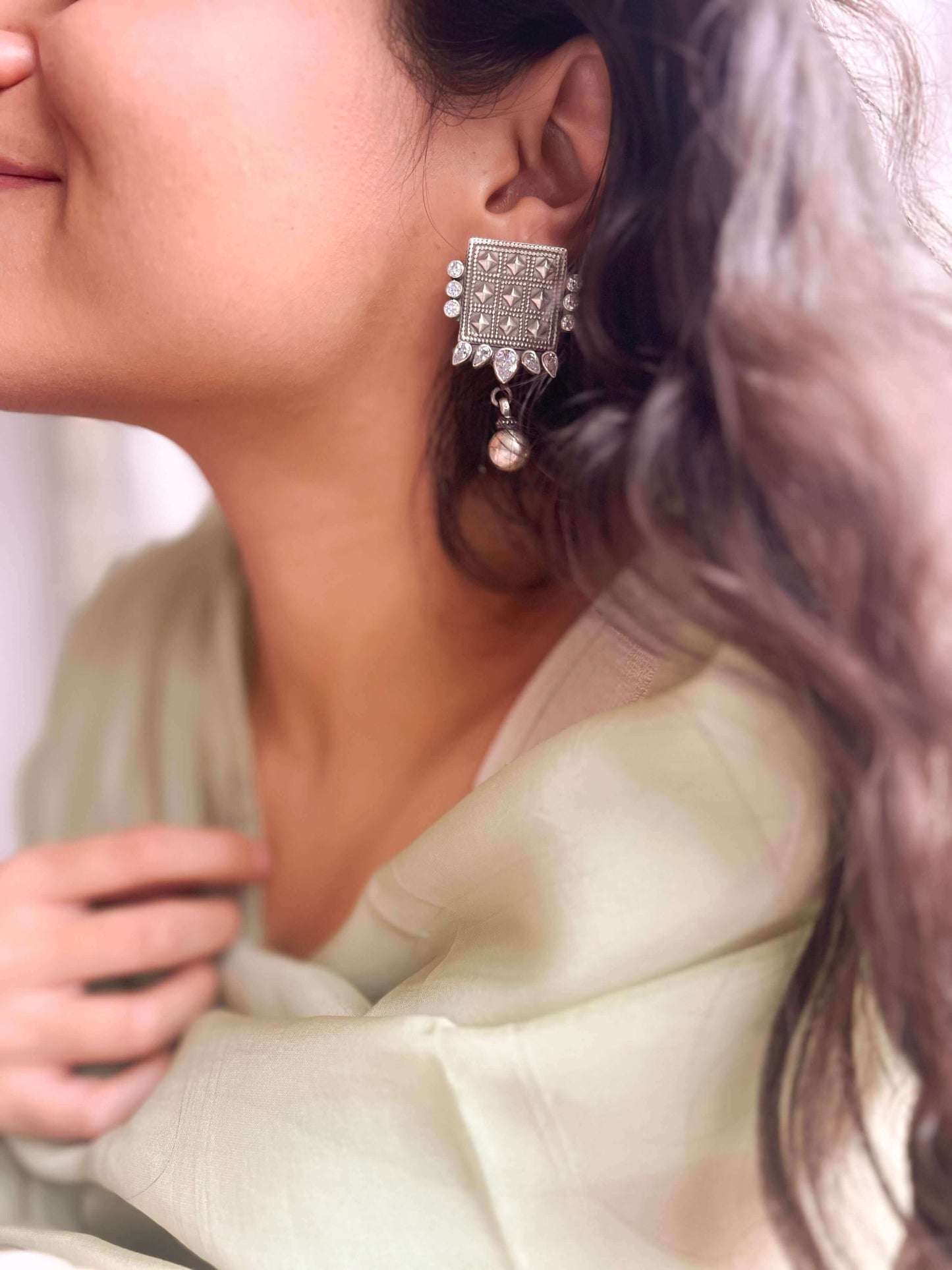 Chausar oxidised silver earring with zircons , silver bead