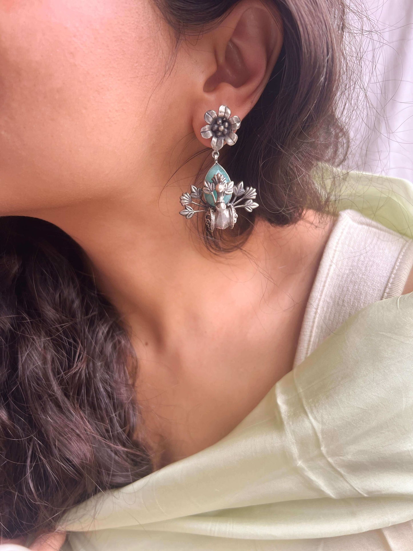 Saira oxidised silver peacock earring with blue chalcedony