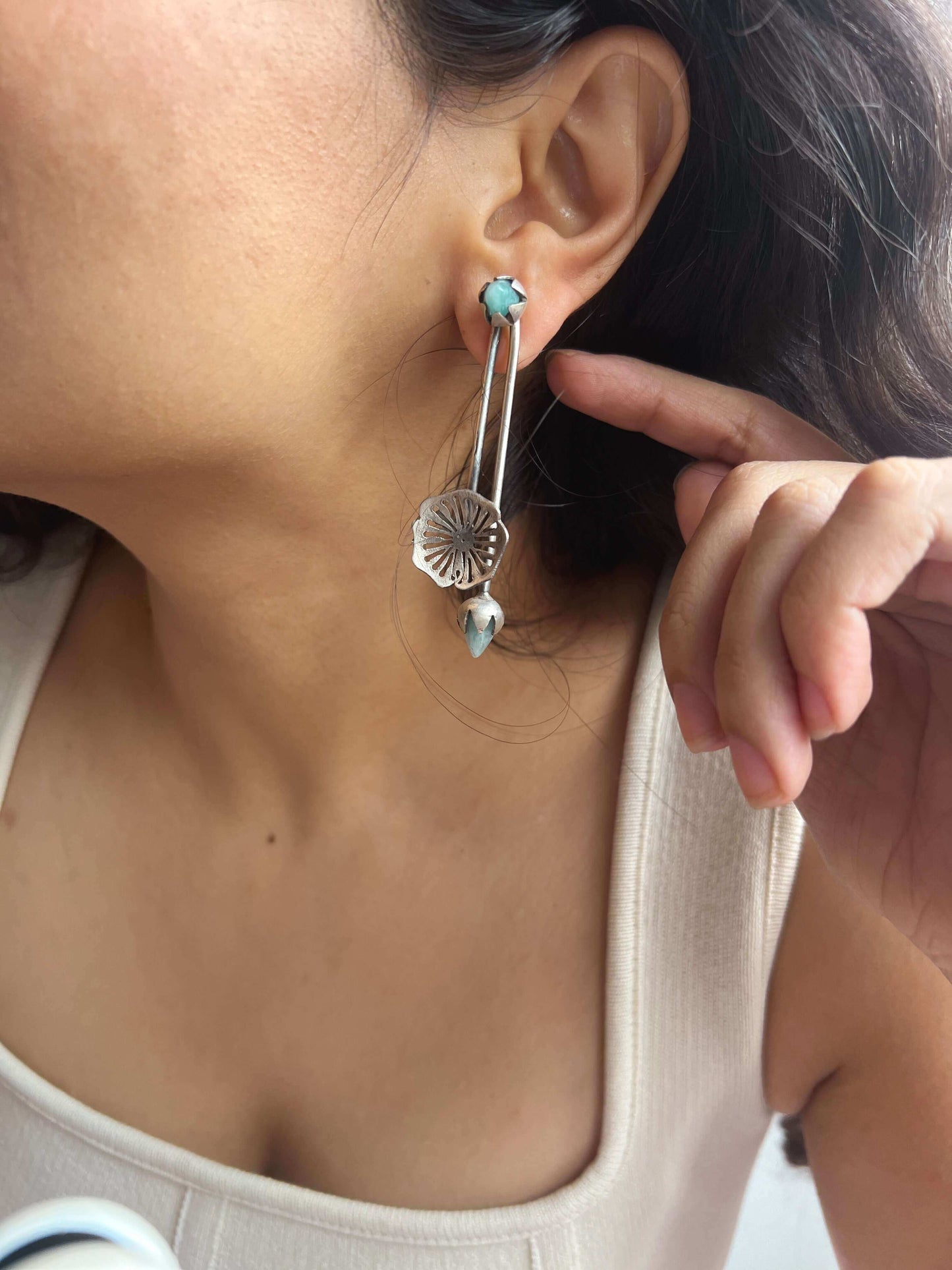 Sai oxidised silver earring with blue chalcedony