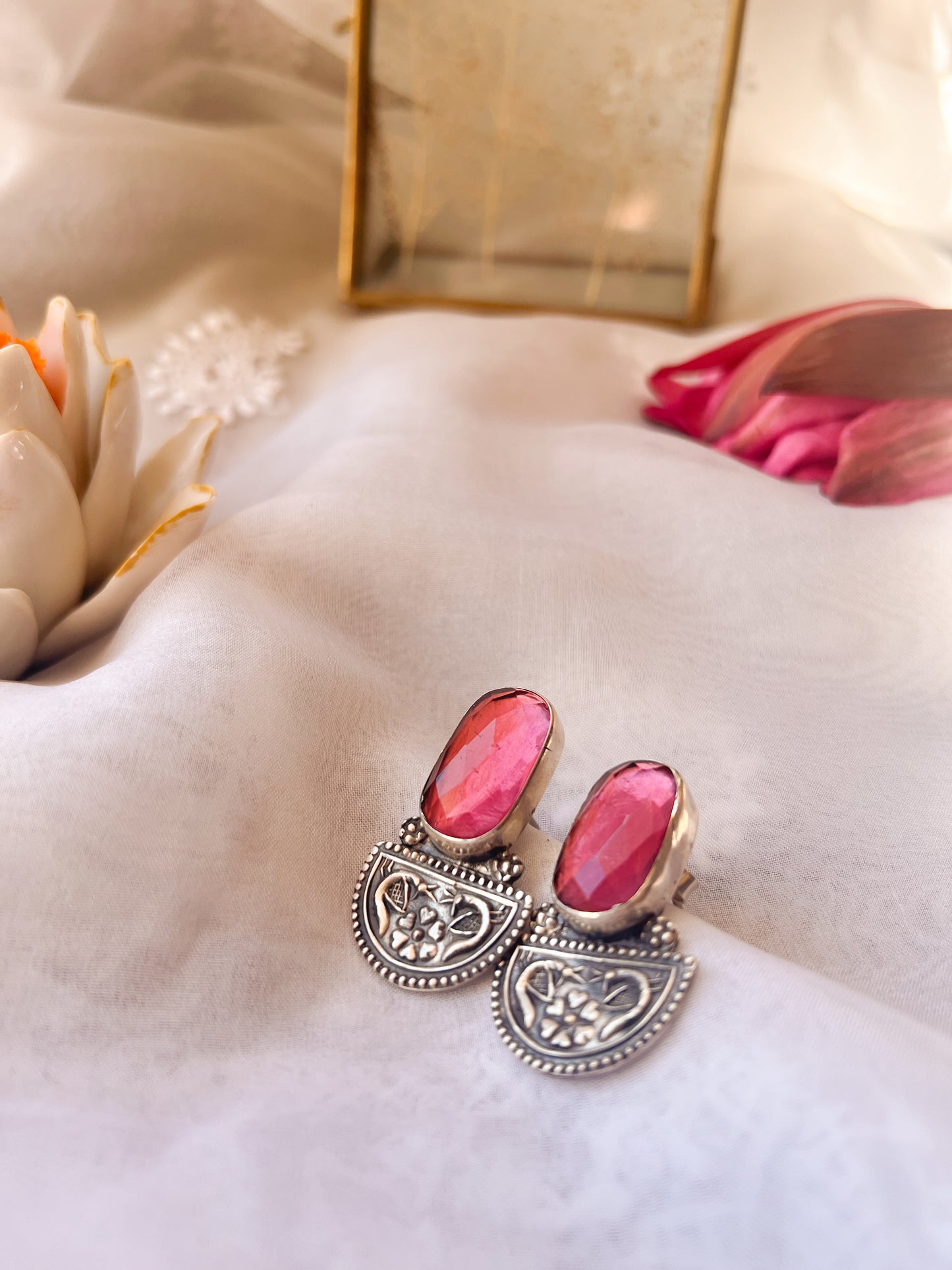 Vasudha oxidised silver earring with pink onyx