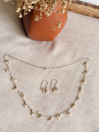 Nayanika cluster pearl chain necklace set in sterling silver (with earrings)