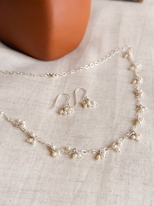 Nayanika cluster pearl chain necklace set in sterling silver (with earrings)