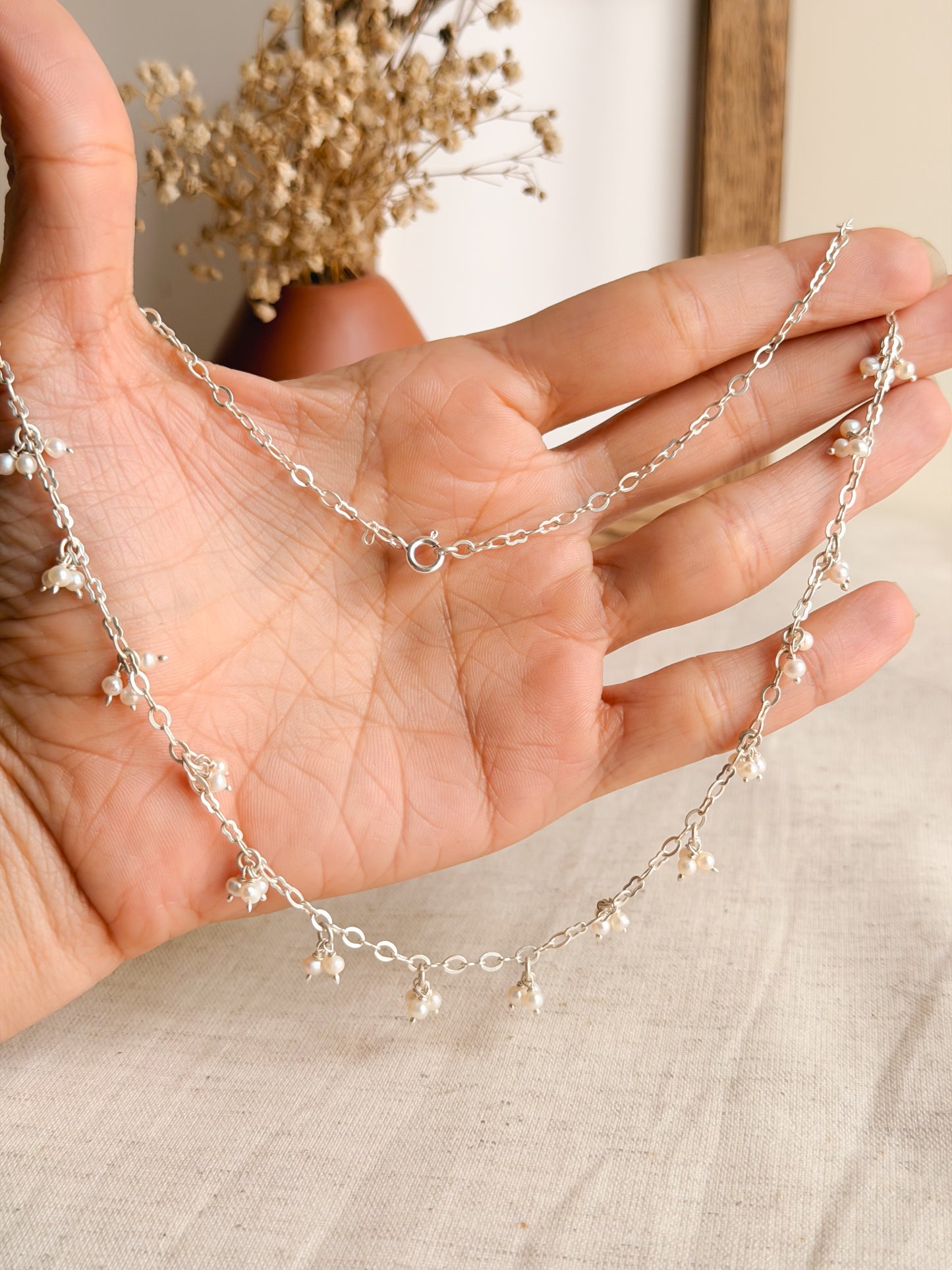 Nayanika cluster pearl chain necklace set in sterling silver (with earrings)