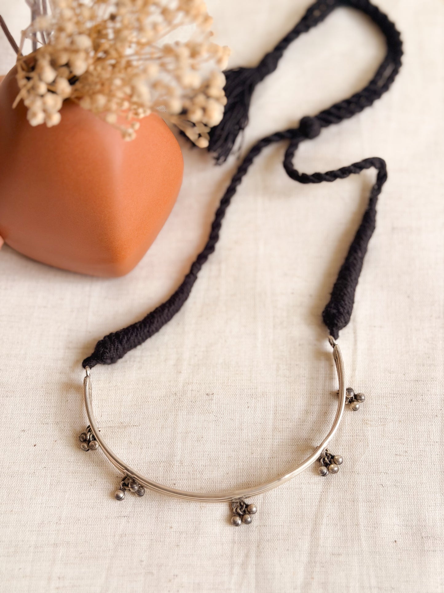 Jaal choker necklace in oxidised silver with rope fastening
