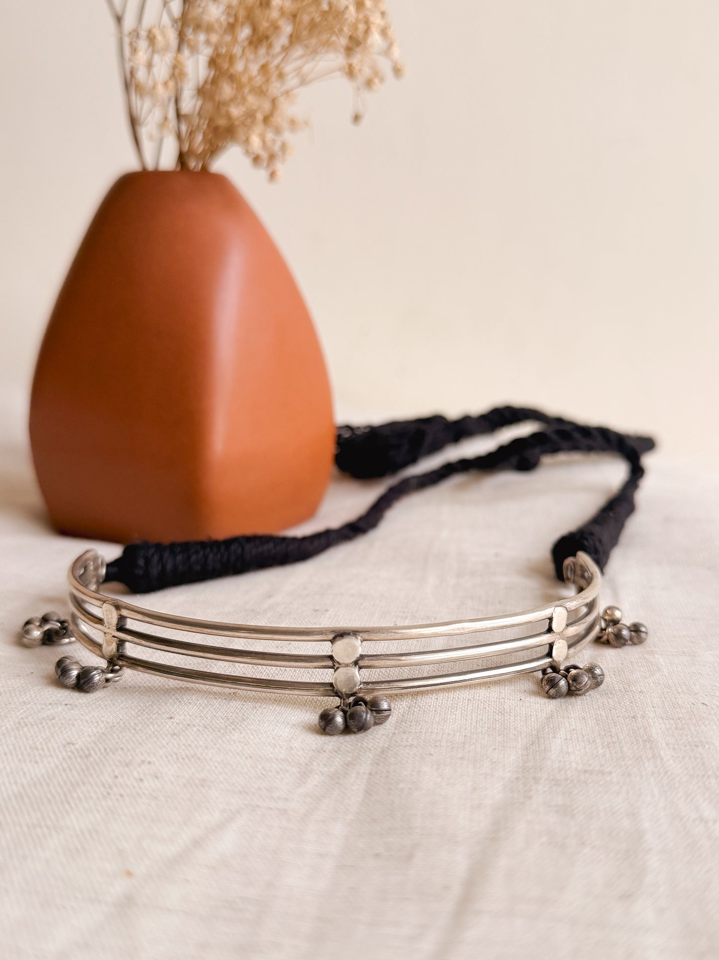 Jaal choker necklace in oxidised silver with rope fastening