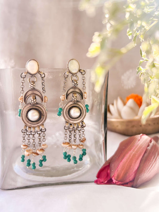Meher oxidised silver danglers with natural pearl and turq beads