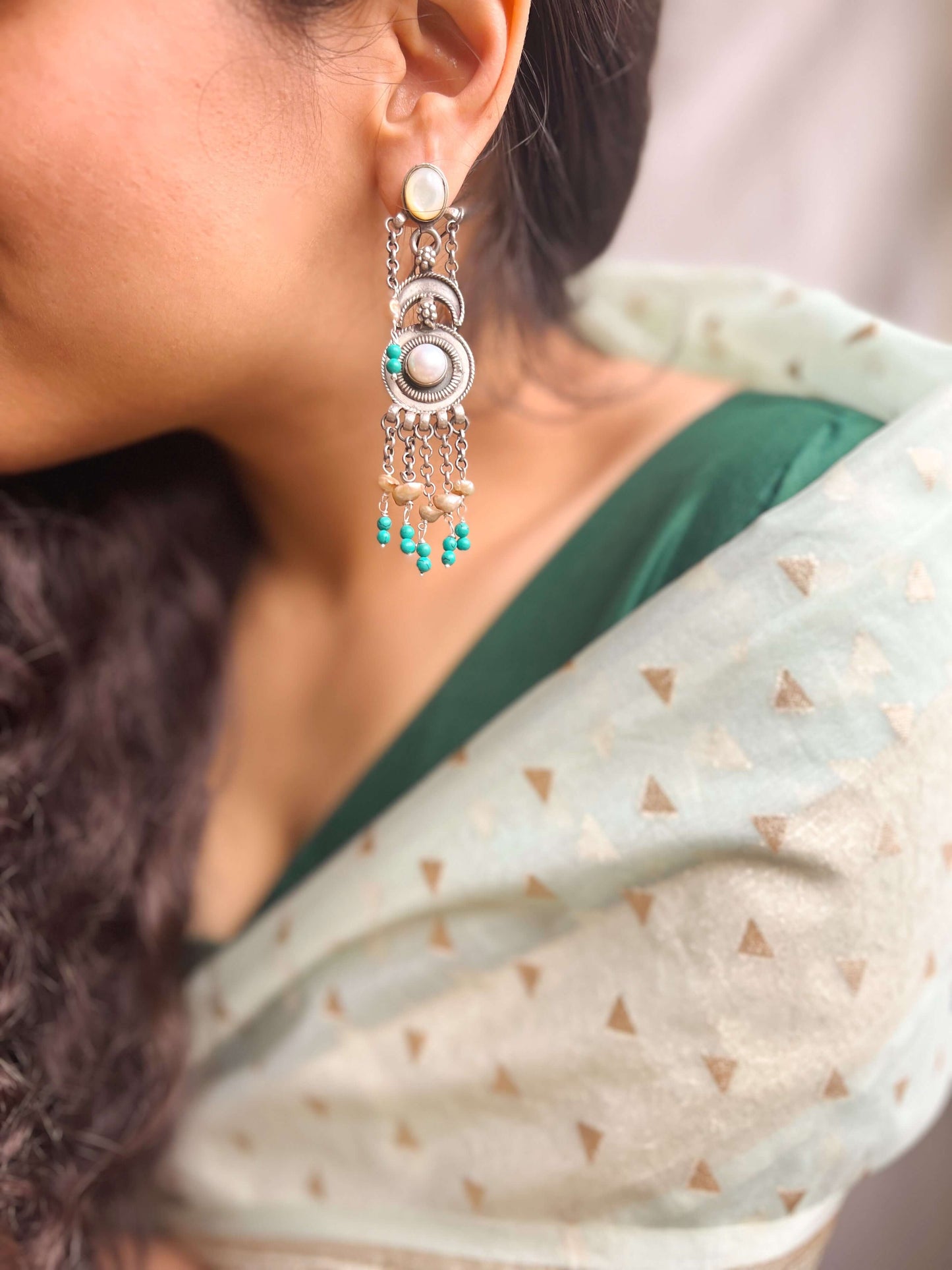 Meher oxidised silver danglers with natural pearl and turq beads