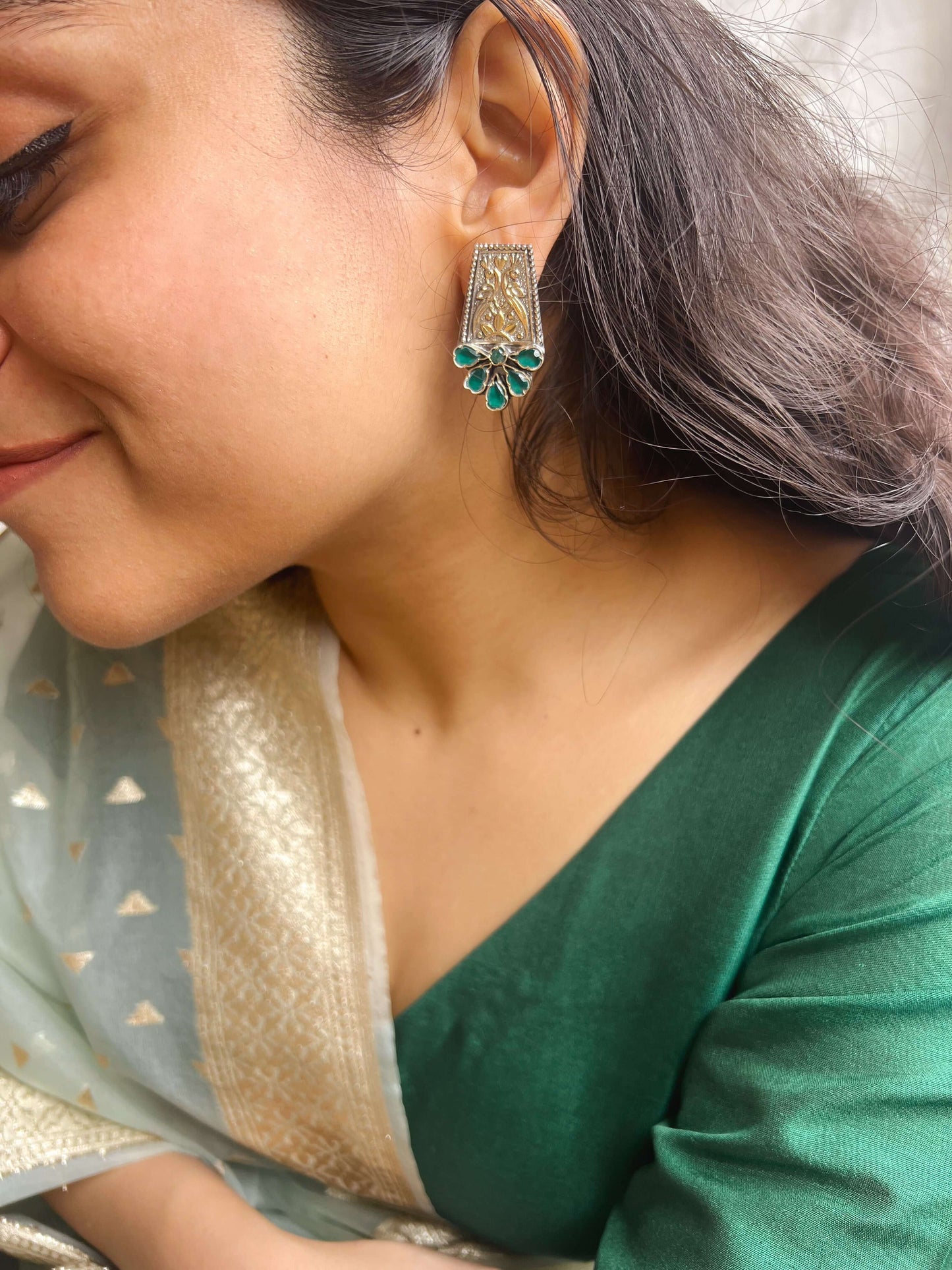 Mahira dual tone studs in silver with green onyx