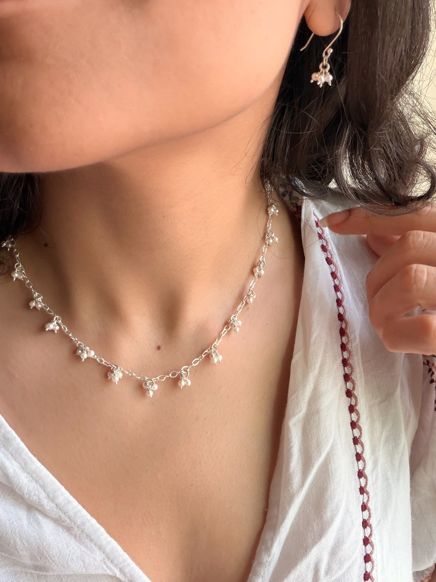 Nayanika cluster pearl chain necklace set in sterling silver (with earrings)