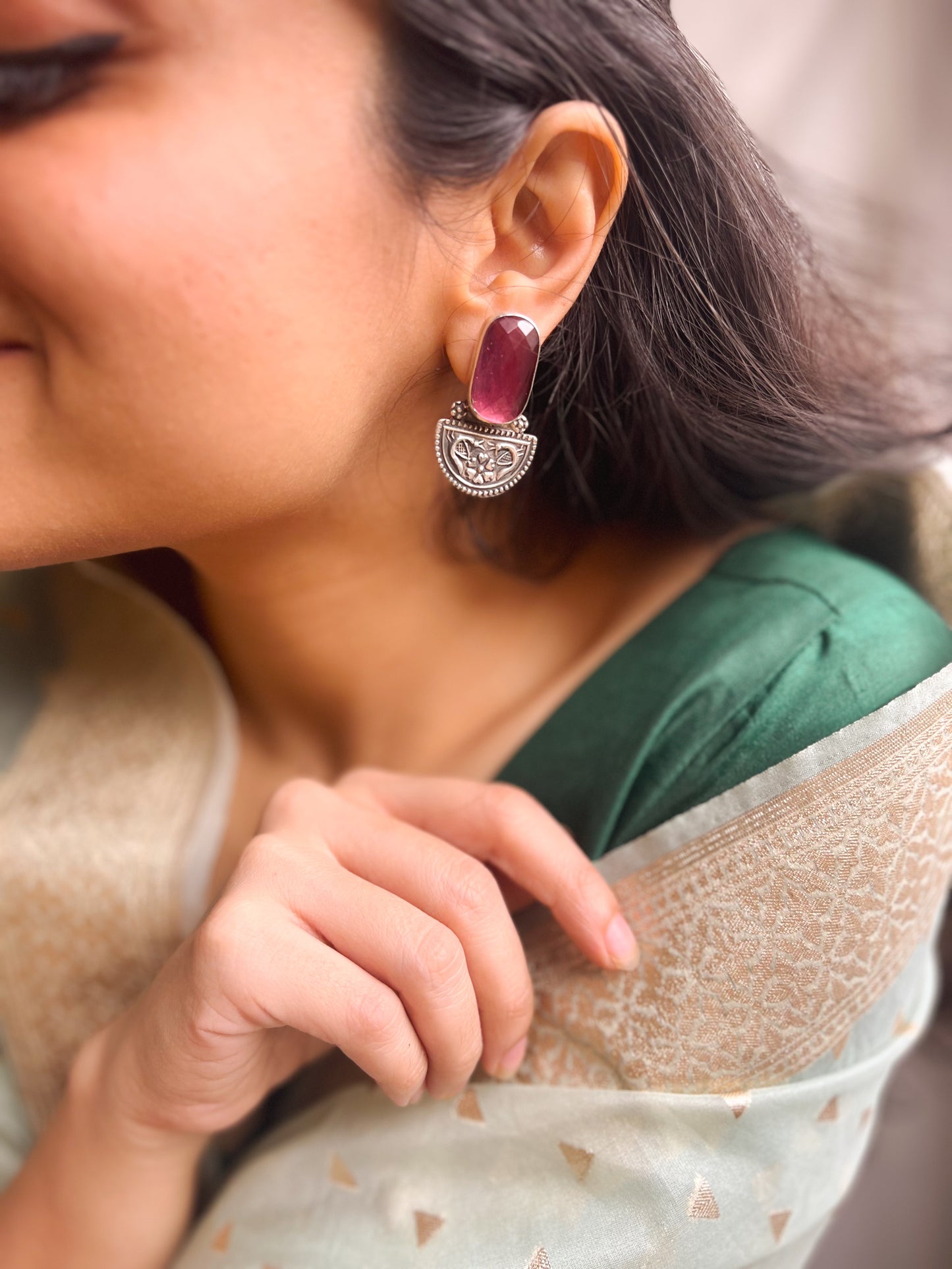 Vasudha oxidised silver earring with pink onyx